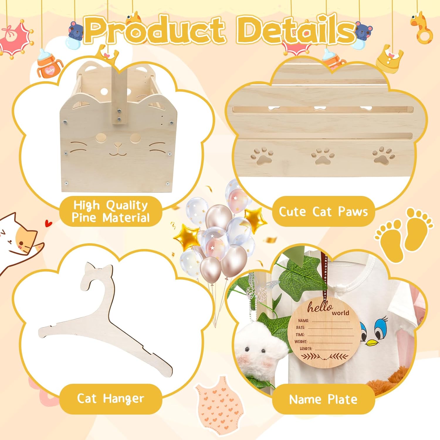 Wooden Baby Shower Crate Closet, Cute Cat Baby Shower Closet Basket with Handle, Gender Reveal Storage Box for Pregnancy New Parent, Personalized Baby Gifts Basket
