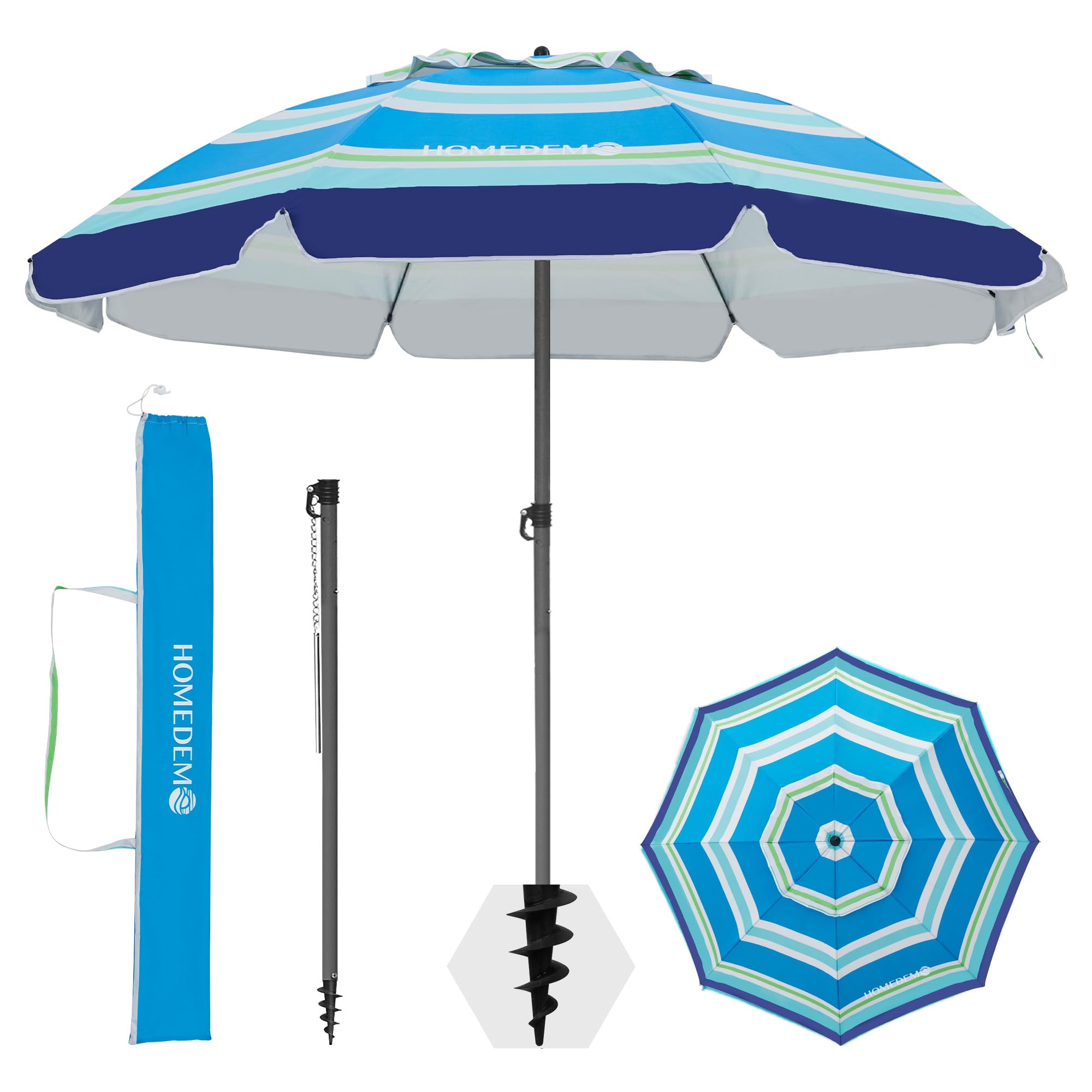 HOMEDEMO Sonnenschirm Strandschirm, Ø 180 cm Gartenschirm Marktschirm, Terrassenschirm mit Bodenhülse & Drehstange & Schutzhülle, Blau-Grün-Weiß Sreifen rund UV50+ Schutz Sonnenschutzschirm