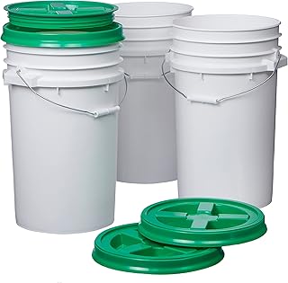 Consolidated Plastics 7 Gallon White Food Grade Buckets + Gamma Seal Lids, BPA Free Container Storage, Durable HDPE Pails, Made in USA (3 Pack) (Green Lid)
