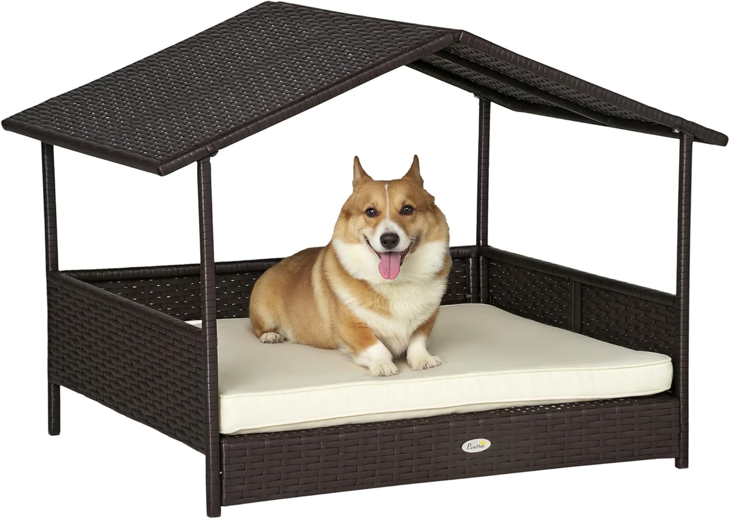 PawHut Rattan Dog House, Elevated Wicker Pet Bed with Removable Cushion and Canopy, Anti-Slip Pads, for Small and Medium Dogs, 98 x 69 x 73cm - Cream