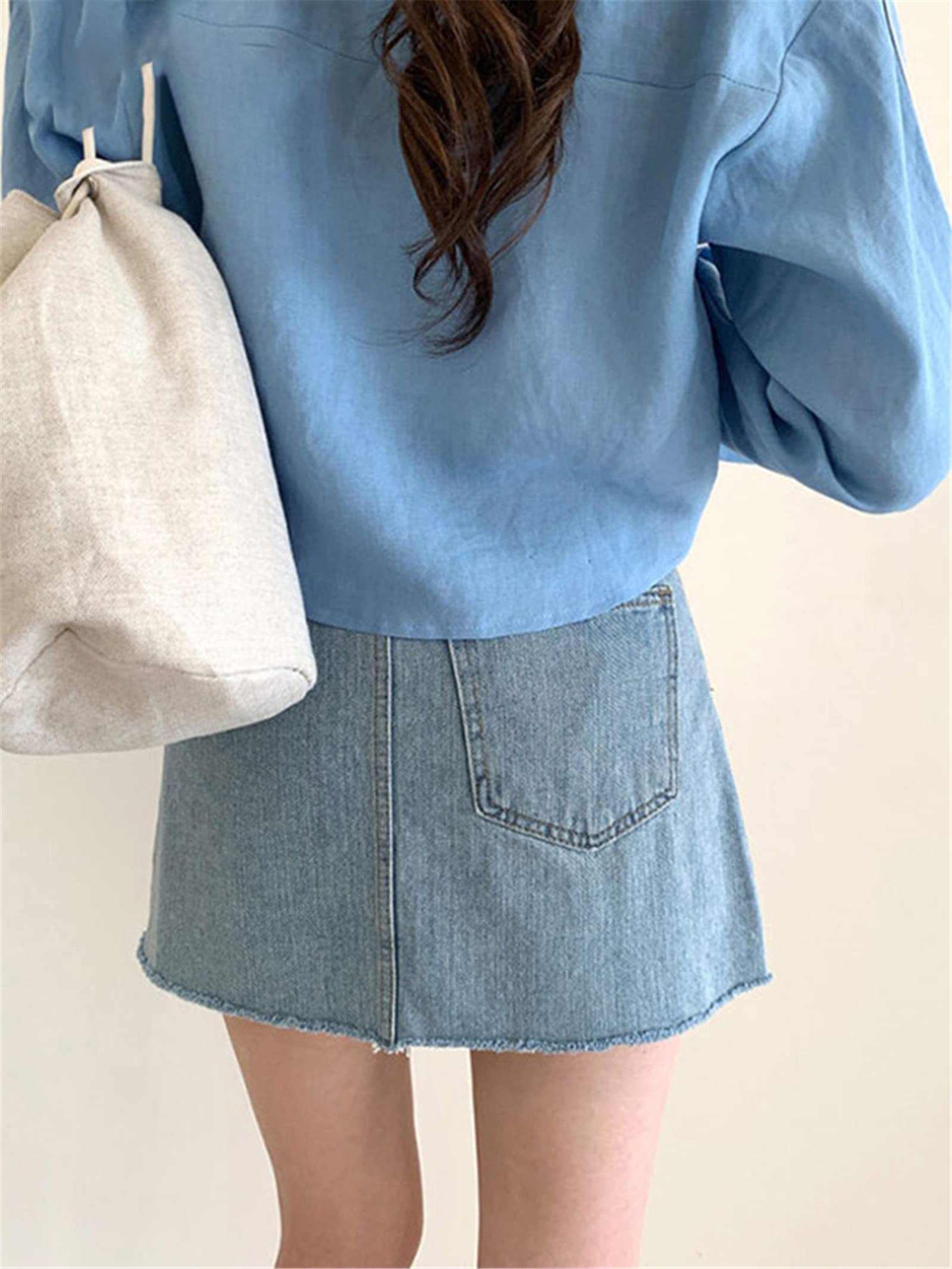 Primavera Estate Chic Cintura Mini Jeans Gonne per Le Donne Vita Alta Tasca Allentata Casual Femminile A-Line Denim Gonne, Blu, M