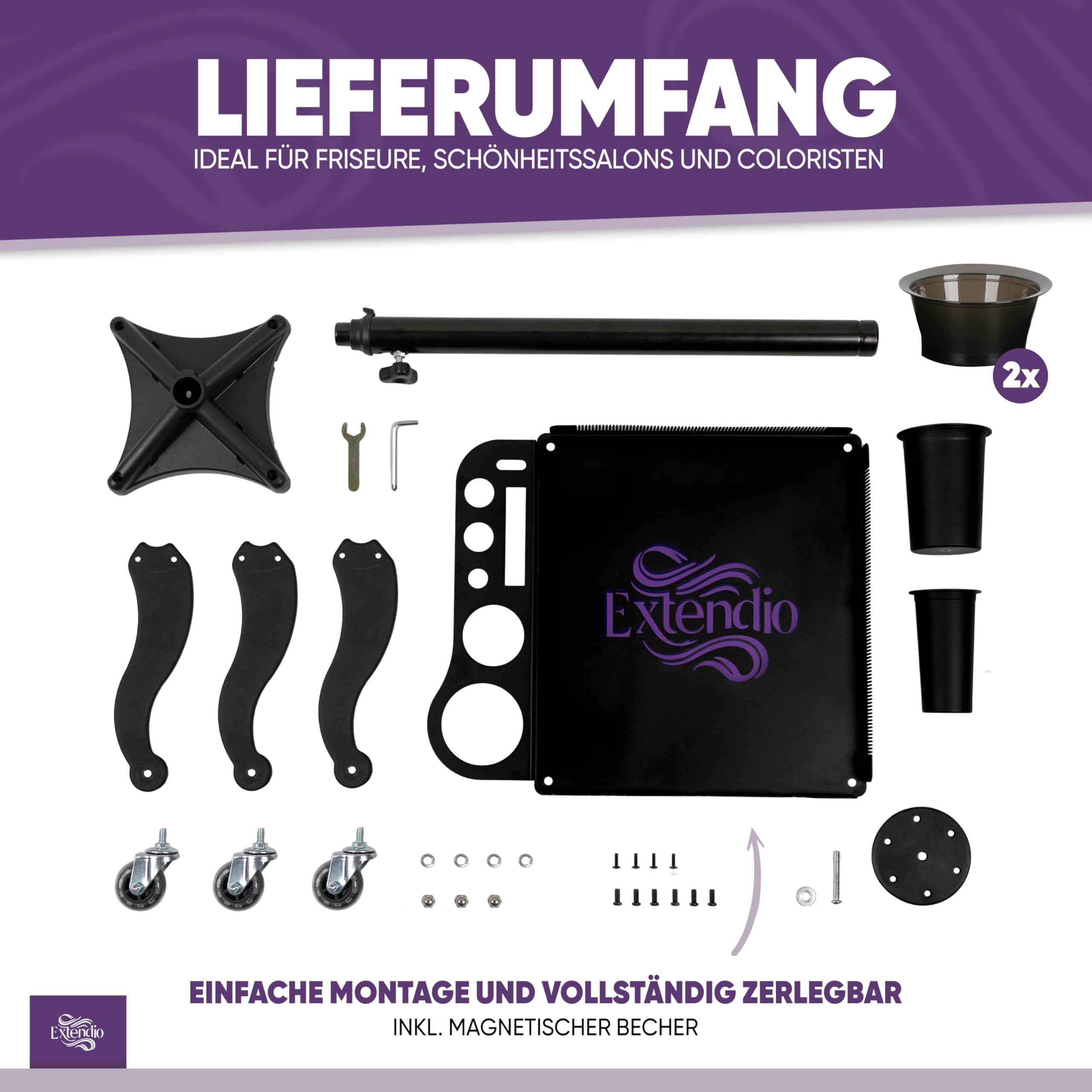 Mobiler Friseurwagen Salon Trolley mit 2 magnetischen Schüsseln, Fönhalterung, hitzebeständig, Kammlineal für Extensions