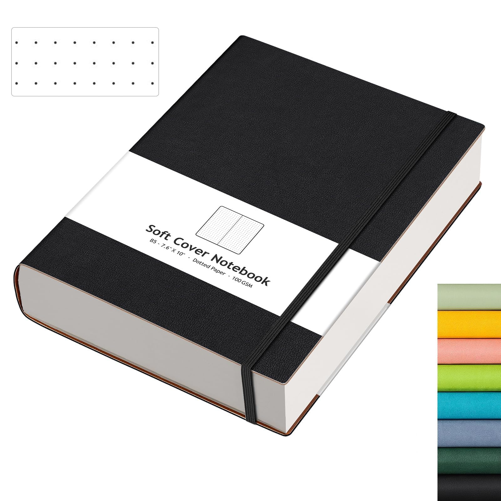 Dotted Journal - 320 Pages Dot Grid Notebook B5 Large Journal, 100gsm Thick Dotted Paper, Leather Softcover, with Journal Stencils, Inner Pocket, 7.6'' X 10'', Black