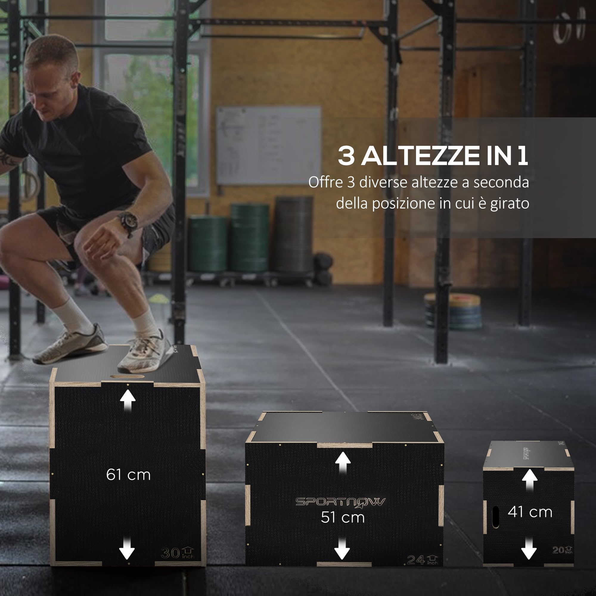 SPORTNOW Box Pliometrico 3 in 1 Plyo Box Legno Antiscivolo 3 Altezze Allenamento Casa Palestra Nero