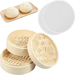 Cesta de vaporizador de bambu cesta de cozimento a vapor de 2 camadas com tampa e pano de cozimento a vapor reutilizável para cozinhar em 2 tamanhos cesta de bambu para cozinhar frutos do mar e peixes