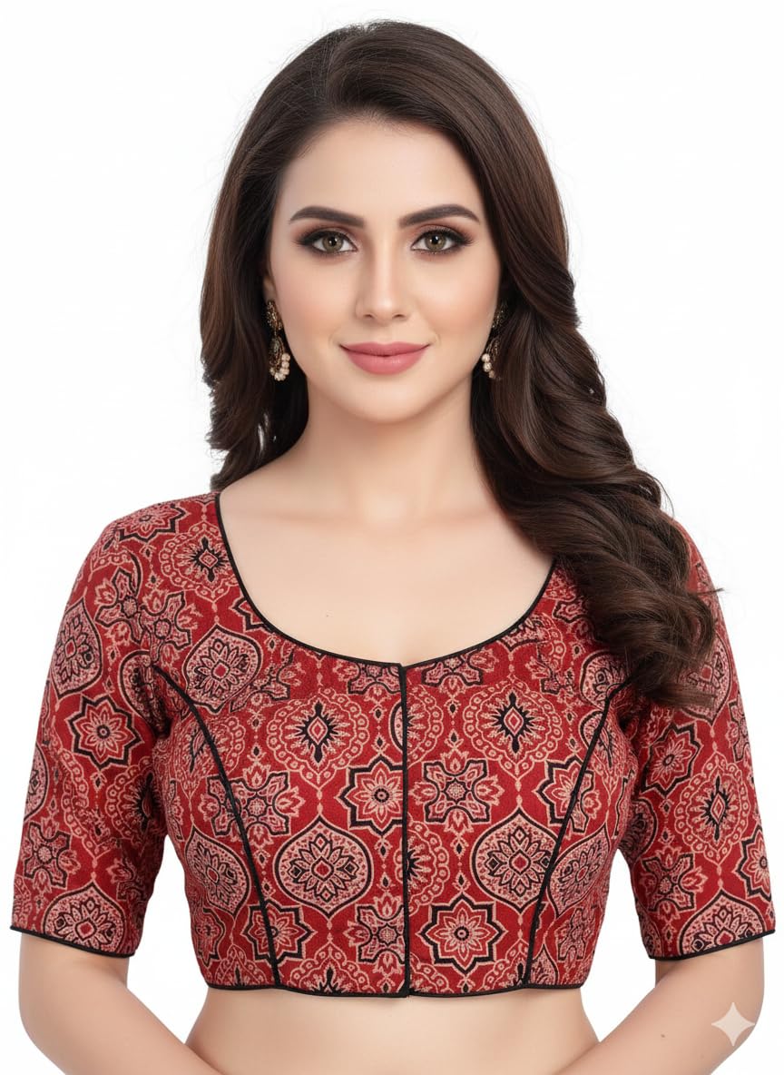 AGOMONI Traditional Ajrakh Print Cotton Blouse, Short Sleeves Blouse, Red &Black Floral Pattern
