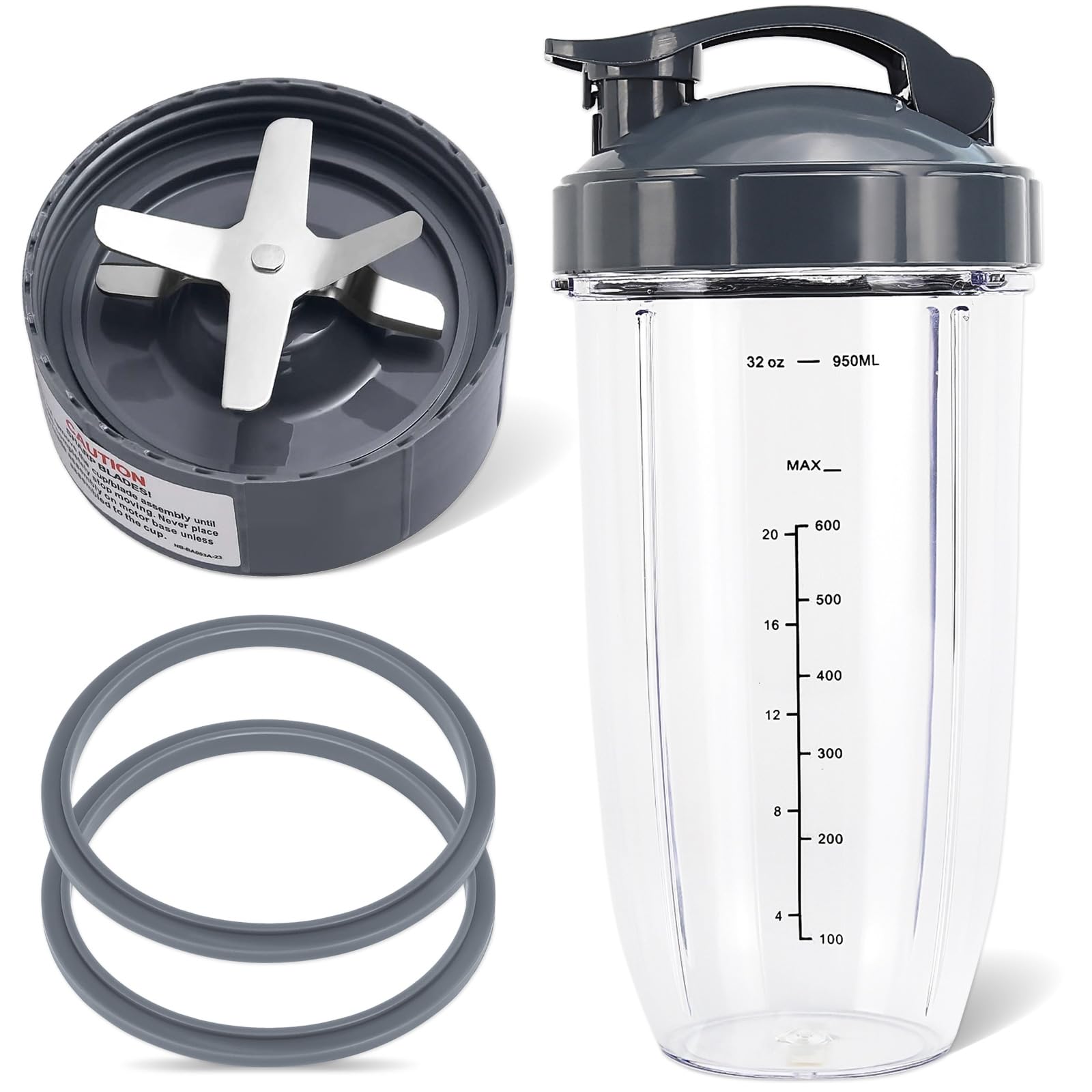 Feilifan 5 Pieces Blender Replacement Parts Extractor Blade and 32oz Cup for NutriBullet 600w & 900w Series, Including 1 Flip-Top to-Go Lid and 2 Rubber Gaskets