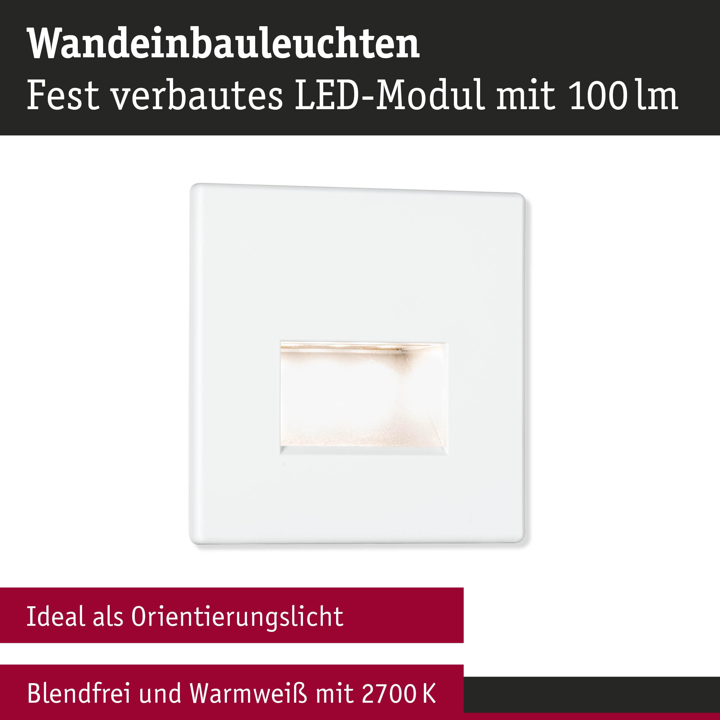 Paulmann 5221 Set LED Wandeinbauleuchte Edge 3er-Set eckig 80x5 mm 3x1,2W 3x50lm 230V 2700K Weiß matt