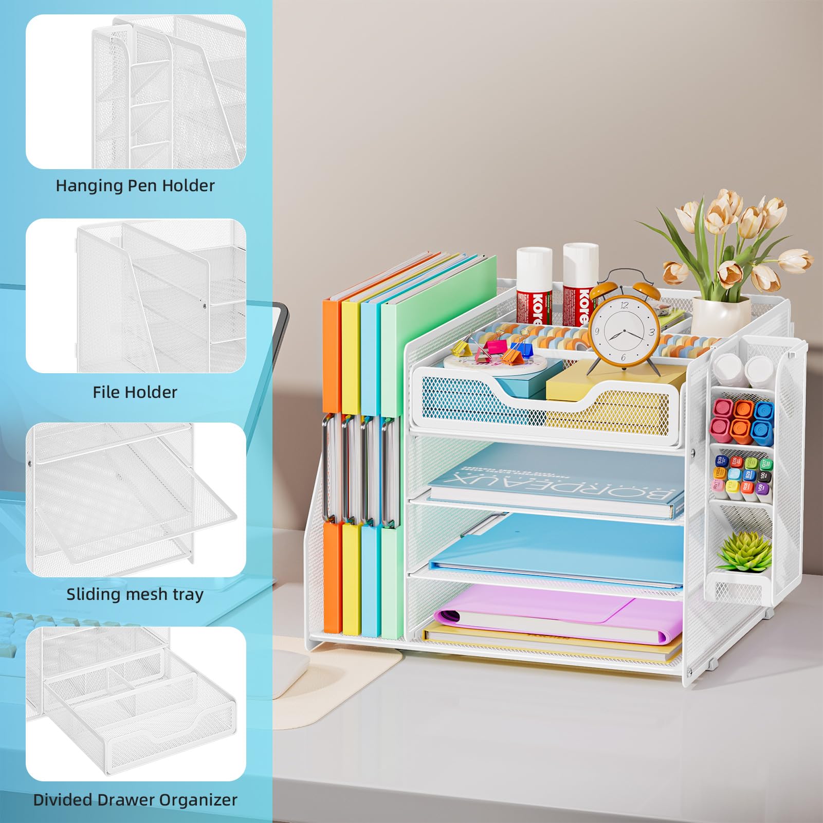 Marbrasse Métal Organiseur De Bureau,4 Niveaux Porte Documents avec Tiroir,Plateau Multifonctionnel pour Papiers Courriers avec Porte-Stylo,pour Bureau,Maison(Blanc)