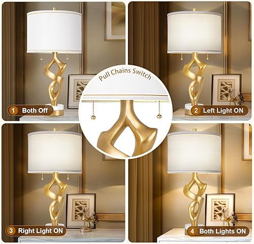 Miniatura 3 de Scenekoy Juego de 2 lámparas de mesa esculturales para sala de estar con base de mármol y puertos USB, acabado de hoja dorada, lámparas rústicas de