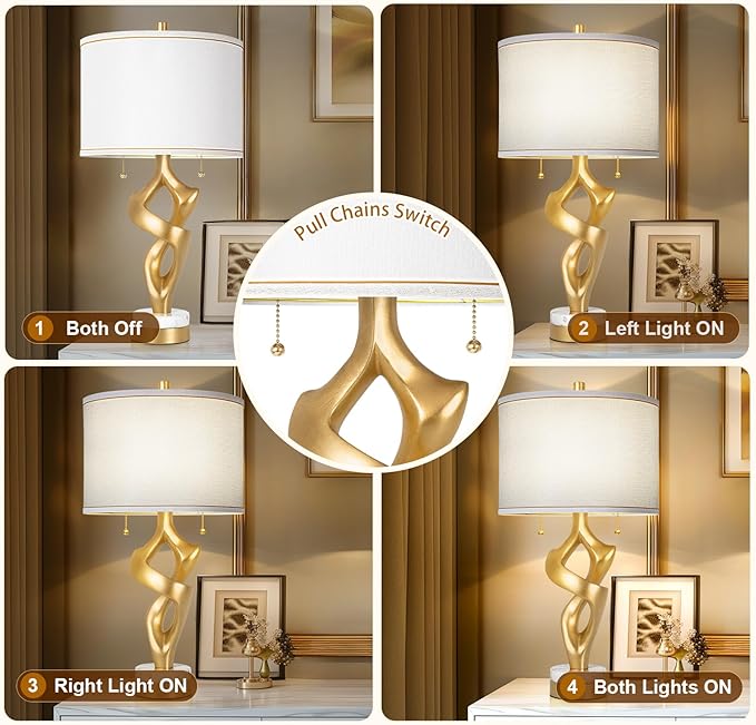 Scenekoy Scenekoy Sculptural Table lamp Set of 2 for Living Room with Marble Base & USB Ports, Gold Leaf Finish Rustic Bedside Lamps with S Cluster Pull Chains Switch, Nightstand Lamp for Office Hotel Bar photo 6