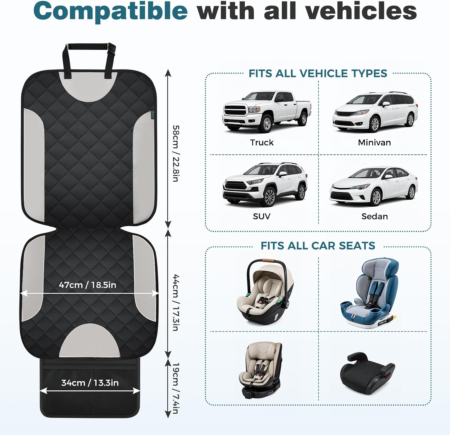 FLORICH Car Seat Protector for Child Car Seat with 2 Mesh Pockets, Non-Slip Fabric Universal Pets Baby Car Seat Protector for Sedan SUV Truck, 1 Pack - Black&Gray