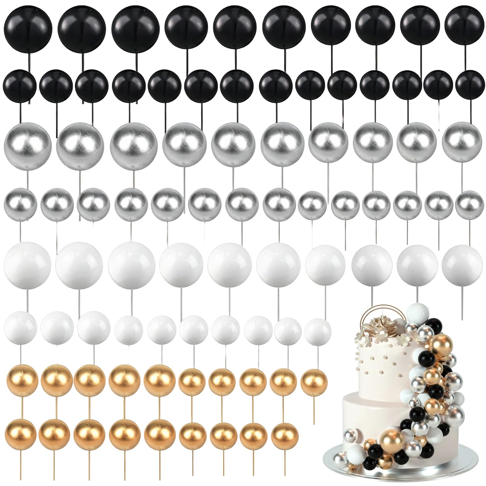 TENGWA 108 PCS Ball Cake Toppers Cake Balls Decoration Ballon Cupcake Topper for Birthday Party Wedding Christmas Party Baby Shower (Black White Gold Silver)