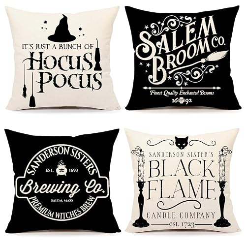 Halloween Decor Pillow Covers 16x16 Set of 4 Halloween Decorations Hocus Pocus Farmhouse Saying Black White Outdoor Fall Pillows Decorative Throw Cushion Case for Home Couch TH117-16 - 16" x 16" (Pack of 4) - White Black