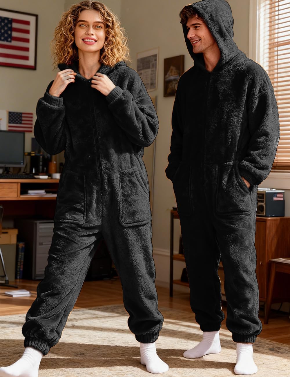 XIGUAGUO Adult Onesie Pajamas for Women, Womens Fuzzy One Piece Zipper Hooded Playsuit Loungewear