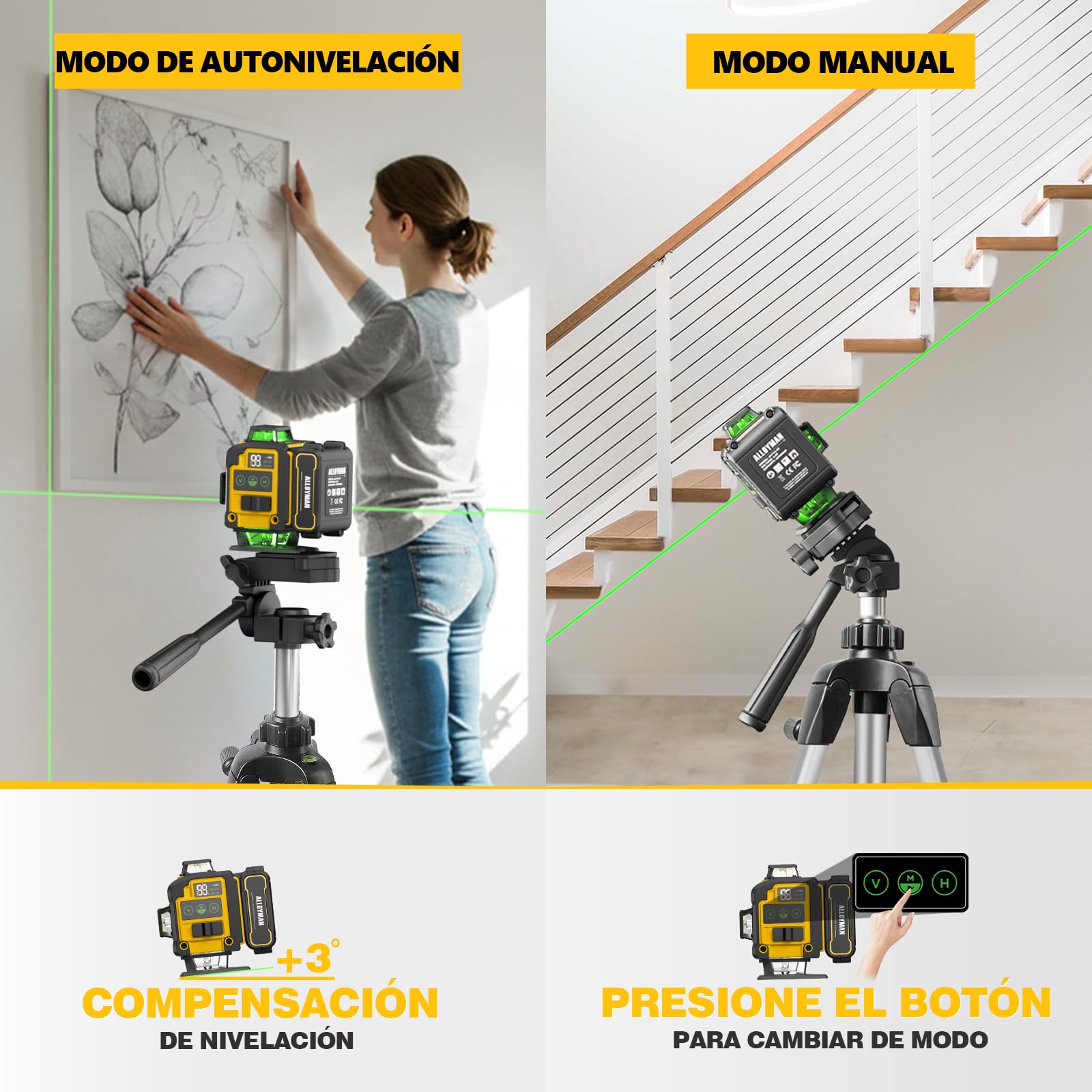 Alloyman MAX Nivel Láser Autonivelante 360° con Trípode, Nivel Láser Verde 4D de 16 Líneas, 2 Baterías Recargables, Montaje en Pared, Control Remoto, para Obras e Interiores