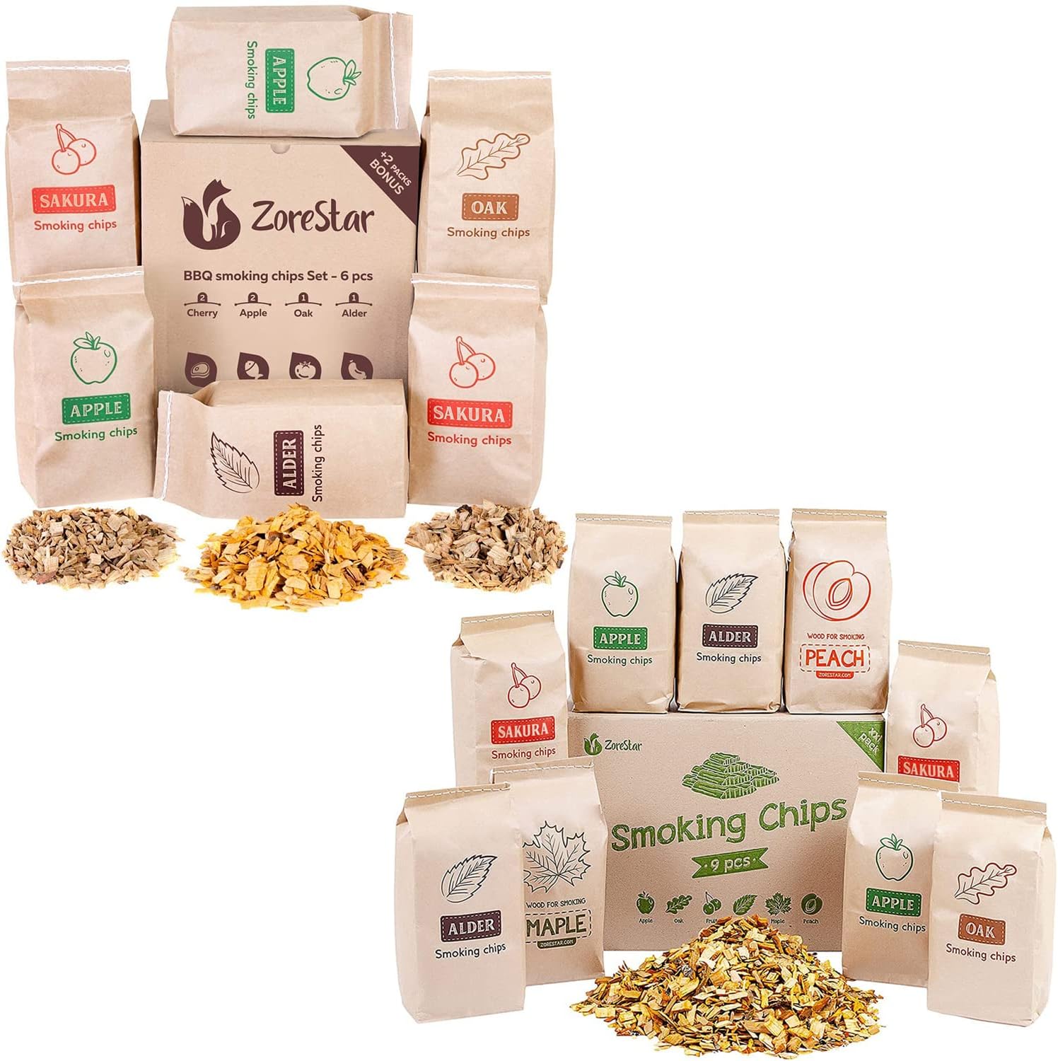 Zorestar Wood Chips for Smokers - 9 pcs Variety Pack of Oak | Alder | Cherry | Apple Chips for Smoking and Grilling + Bonus e-Book : Patio, Lawn & Garden