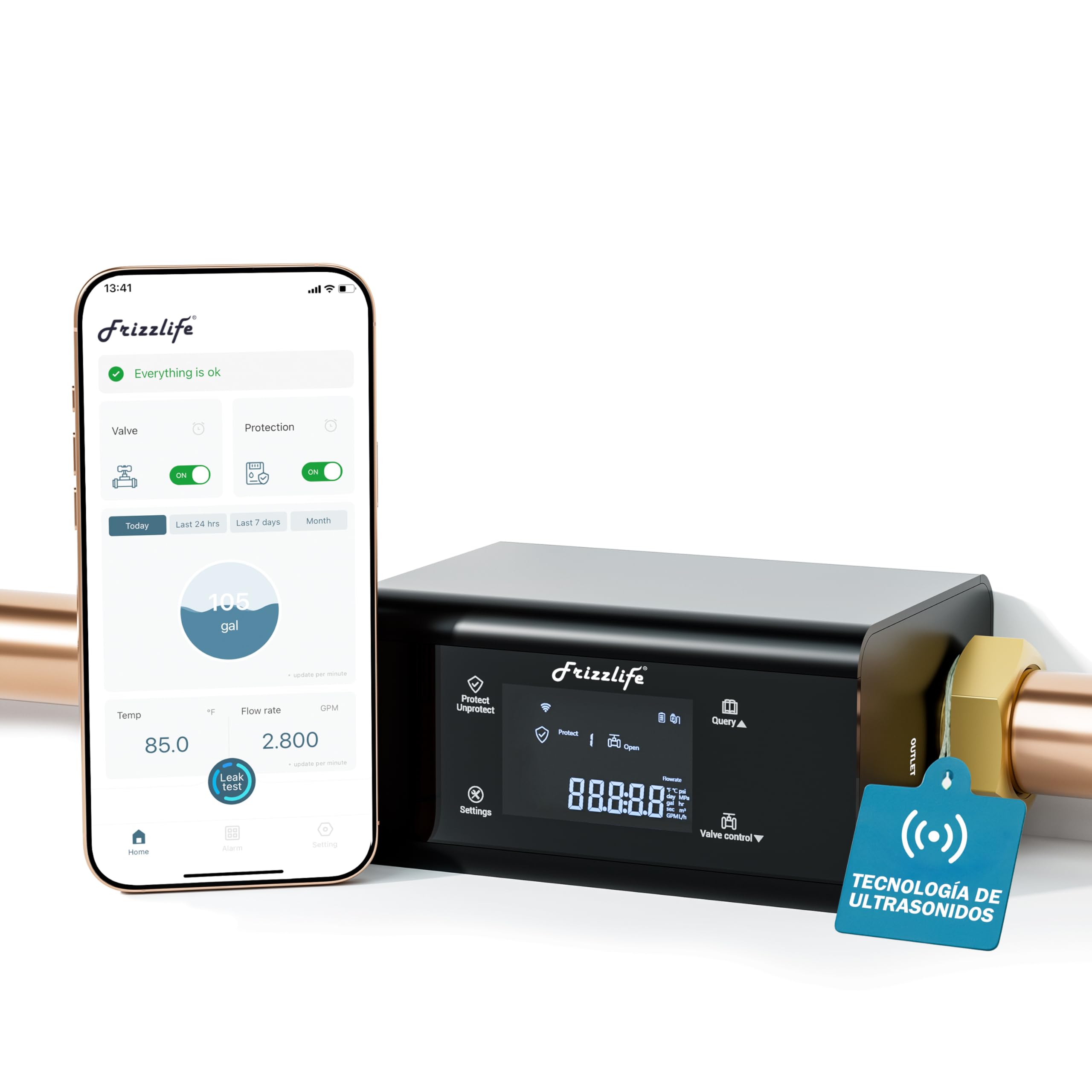 Frizzlife Monitor de agua LP365 con válvula de cierre automático | Detección ultrasónica de microfugas (0,01 GPM) | Aplicación WiFi | Alarmas de flujo y temperatura en tiempo real | Datos de consumo