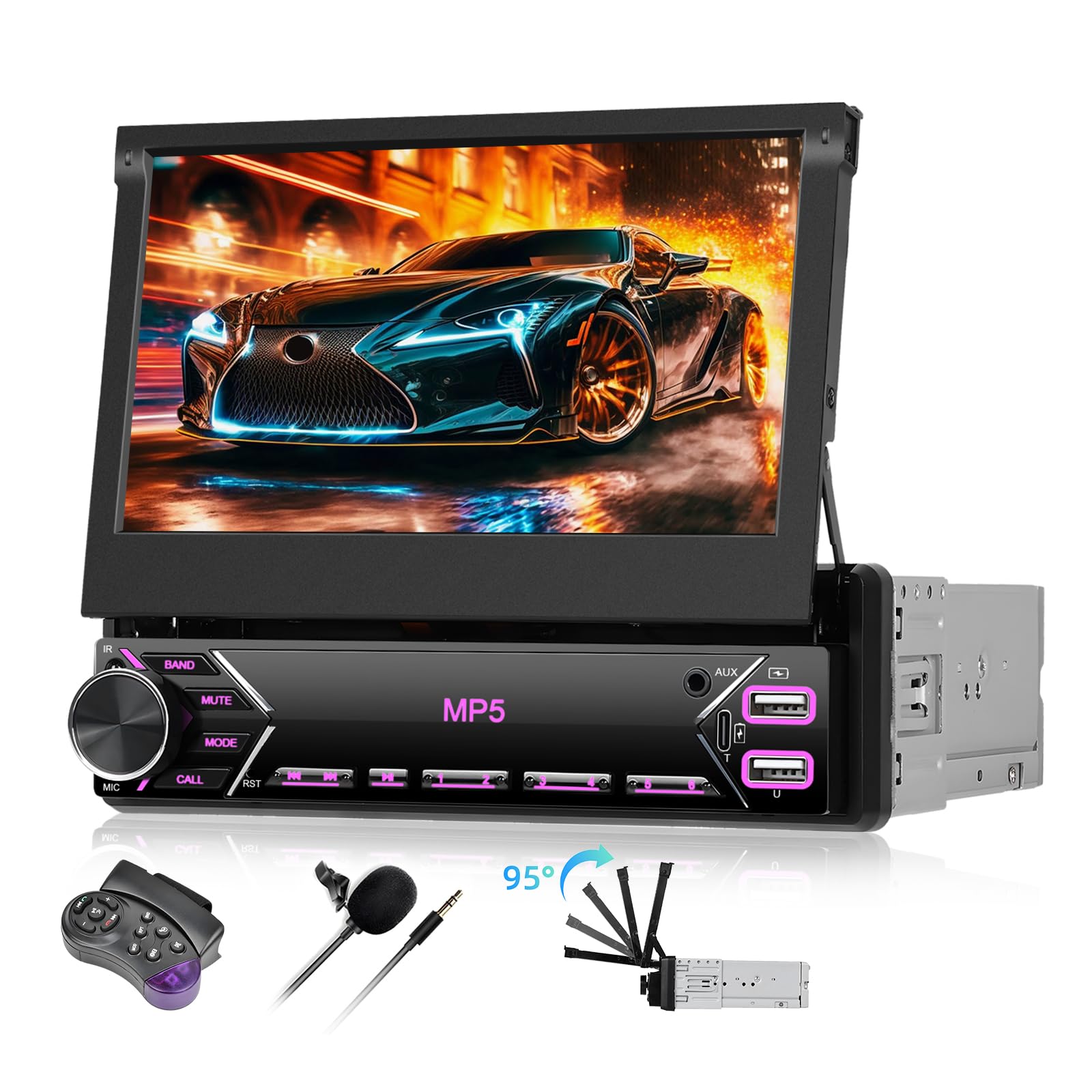 Autoradio 1 Din con Schermo Manuale Retrattile 7 Pollici Touch Bluetooth Mirror Link Cablato per iOS/Android - Controllo Volante, FM Radio e USB Type-C per Veicoli Standard