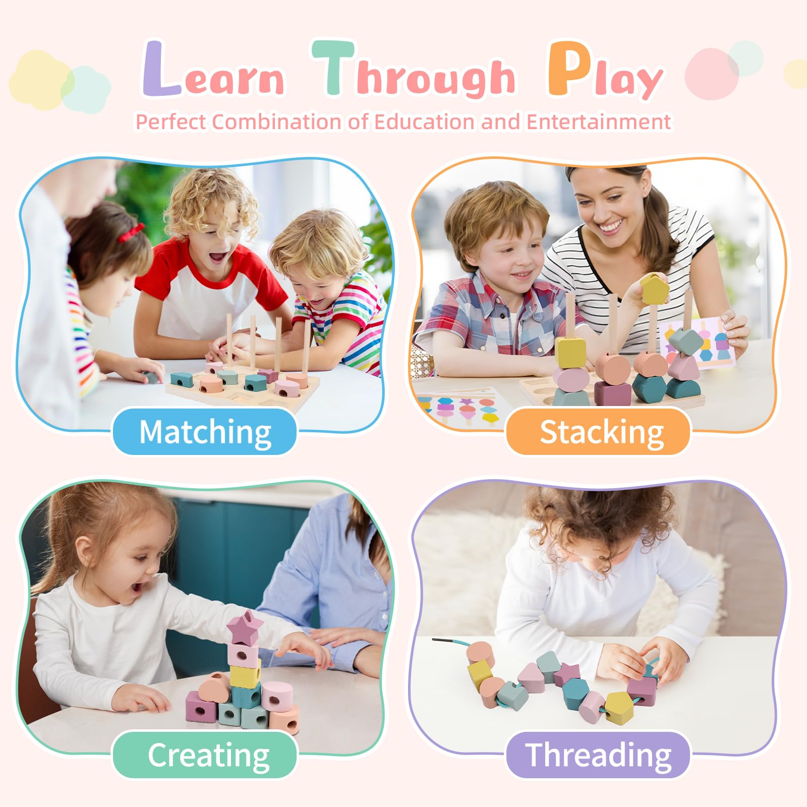 Jeux Montessori Enfant, 3 en 1 Jouet d'activité et de Développement Empilable y Enfiler, Enfant Jeu Educatif, Jouets de Tri Bois Cadeau pour Garcon et Fille 2 3 4 5 Ans, Jouets de Perles de Laçage