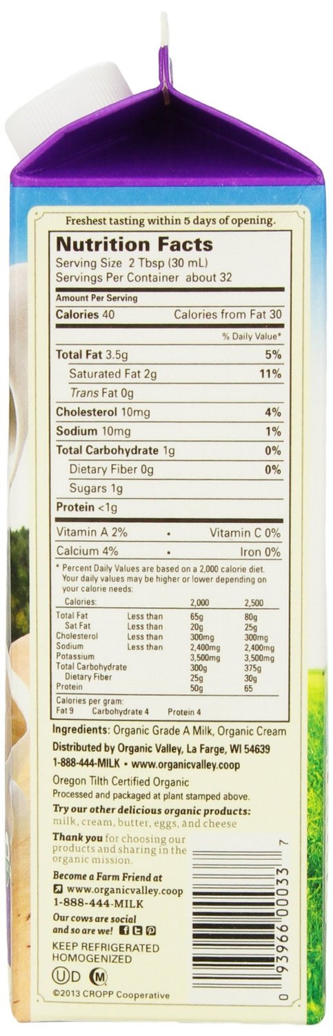 Organic Valley, Half & Half, Ultra Pasteurized, Organic, Quart, 32 oz