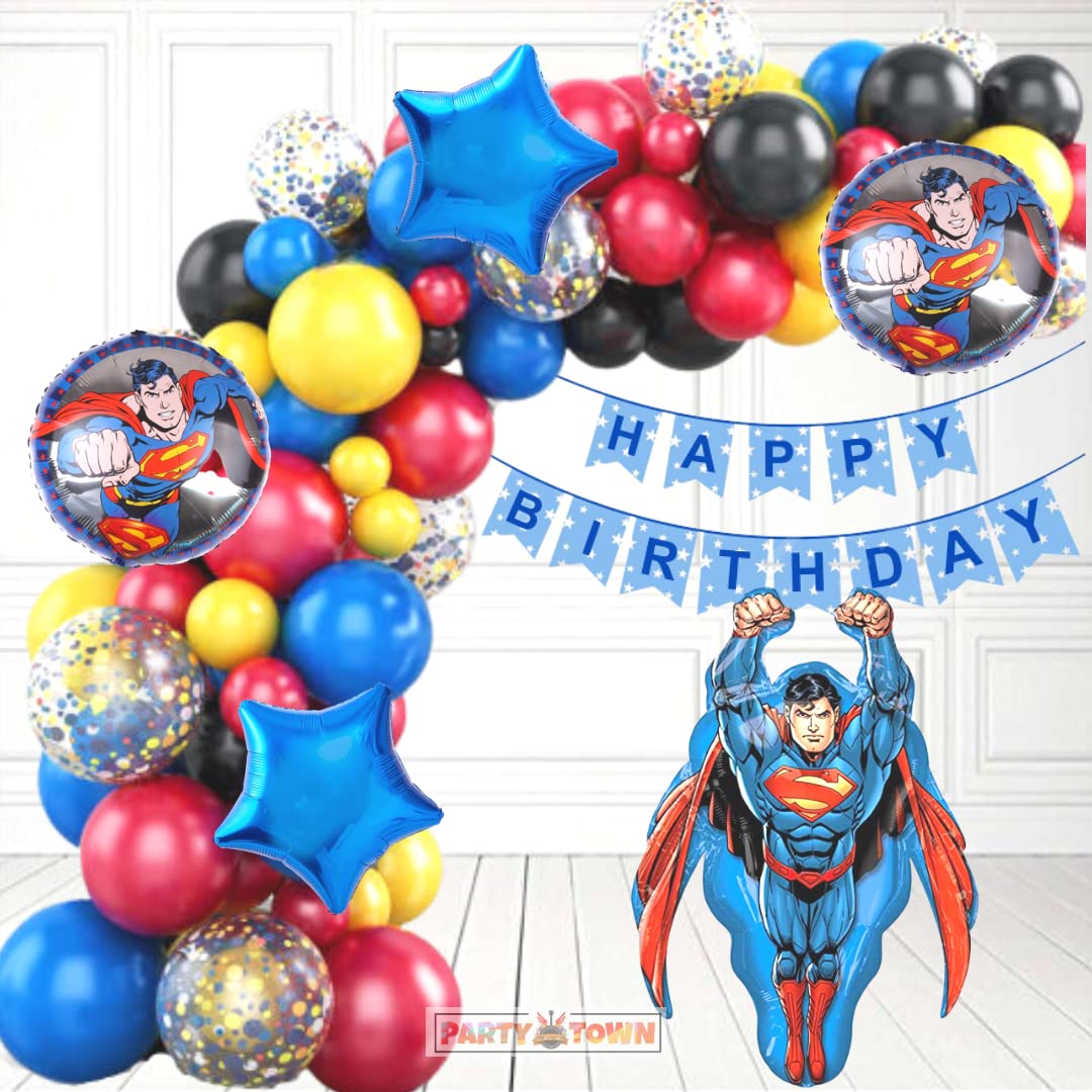 Party Town Superman Balloon Pack - 73 Pcs | 32-Inch Superman Foil + Metallic Latex Balloons, Birthday Paper Banner, Confetti Balloons (Superman)