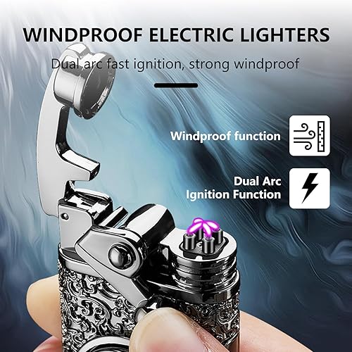 Miniatura 2 de Encendedor eléctrico recargable sin llama a prueba de viento de plasma de doble arco USB con descompresión basculante, encendedores para velas