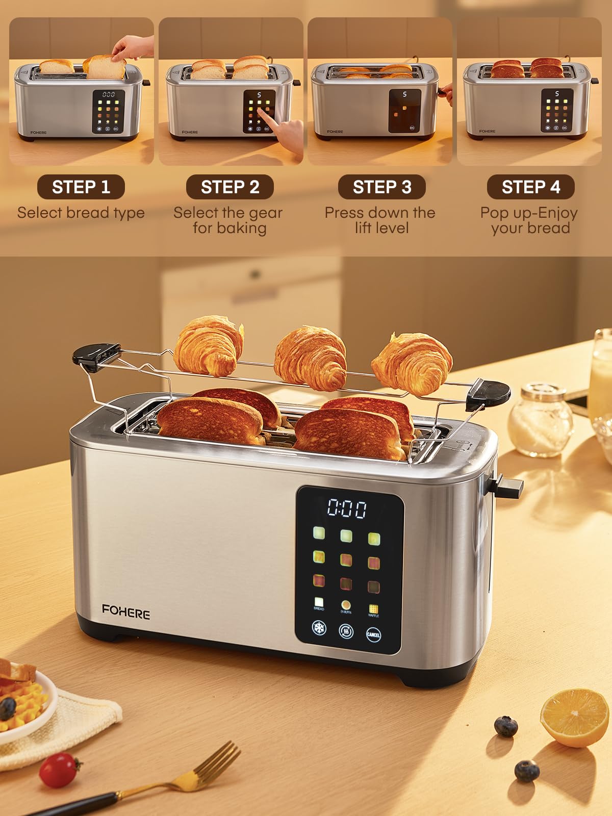 Toster na 4 kromki, 1400 W ze stali nierdzewnej, długi toster, 9 ustawień kolorów i 3 rodzaje pieczywa, funkcja anulowania/rozmrażania/podgrzewania, obsługa za pomocą ekranu dotykowego, z podgrzewacze