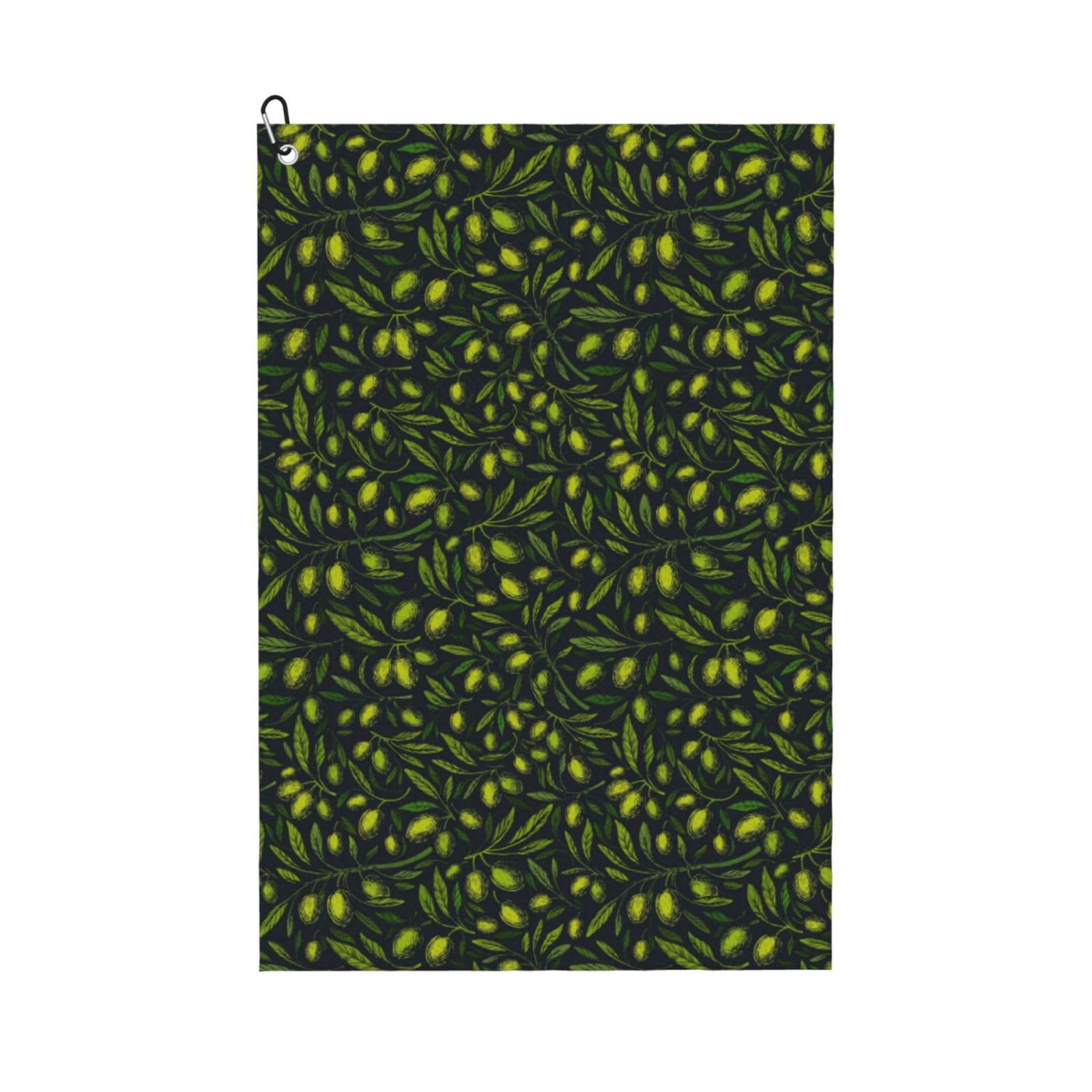 AOOEDM Green Branch Olive Print Golf Towel with Carabiner Clip Absorbent Microfiber Golf Towel for Cleaning Golf Ball Club Putter Iron for Golf Bag Trolly Belt Loop 16" X 24"