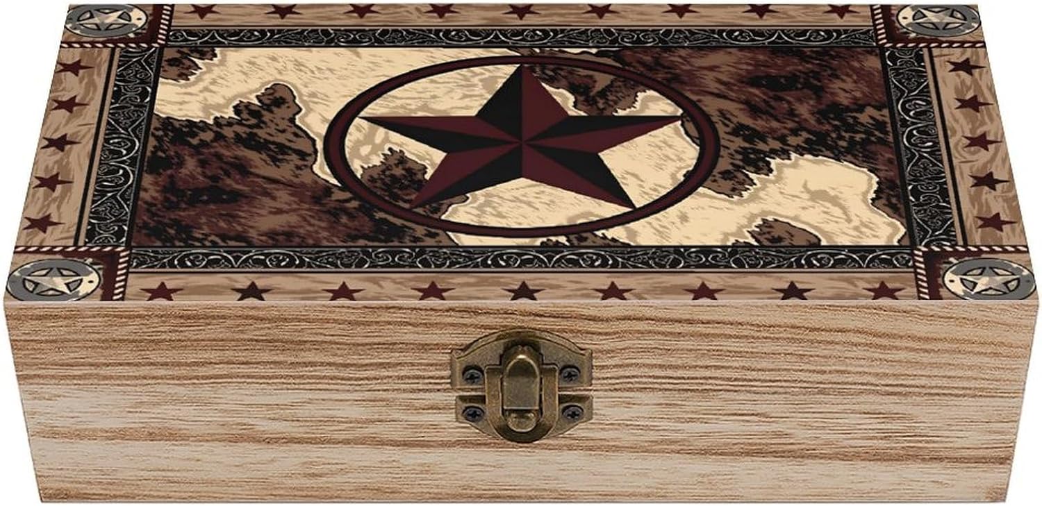 Western Texas Star Vintage Wooden Keepsake Box with Hinged Lid And Locking Clasp, Decorative Storage Box for Jewelry, Trinkets And Small Accessories, Organizer for Home Or Wedding