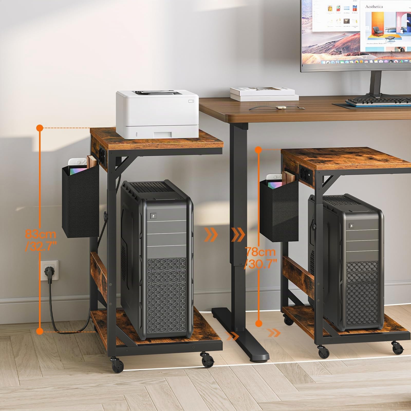 HOOBRO Druckerständer mit Ladestation, Computer Tower Ständer, Schreibtisch Drucker Cart mit Rollen, höhenverstellbar, für Wohnzimmer, Schlafzimmer, Büro, Vintagebraun und Schwarz EBF02CZJ01