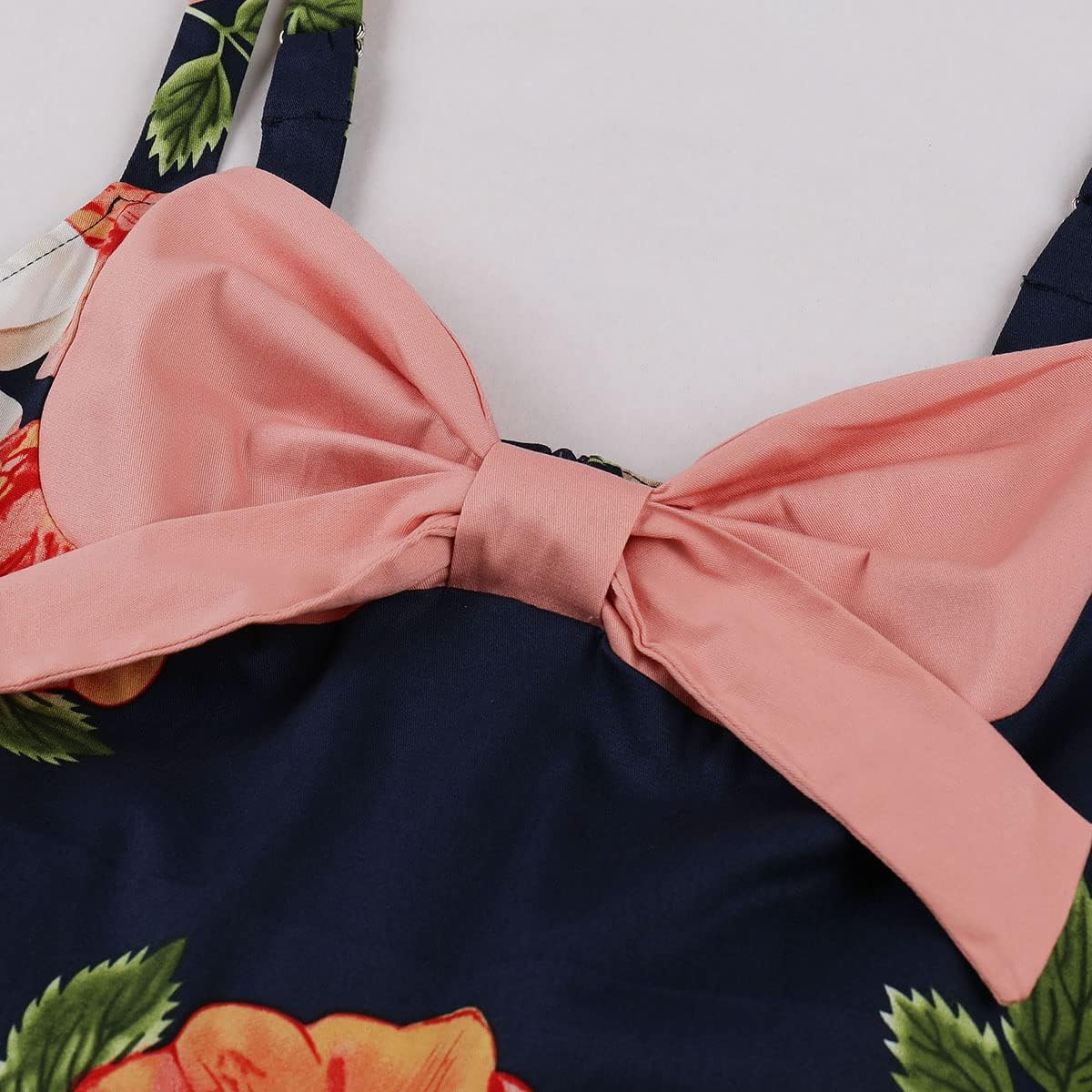 Women Spaghetti Straps 50s Vintage Floral Print Cocktail Party Swing Dress Pinup Contrast Color Block Retro 1950s Audrey Rockabilly Prom Dress Fared A-line Backless Wedding Dress Pink+Dark Blue XL - Image 2