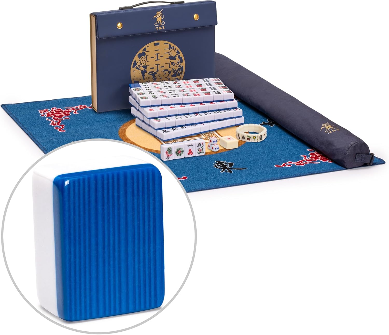 Yellow Mountain Imports Mahjong Bundle - Royal Azure Chinese Mahjong Game Set with Mahjong Mini-Tiles Bracelet and Blue 31.1-inch Table Cover