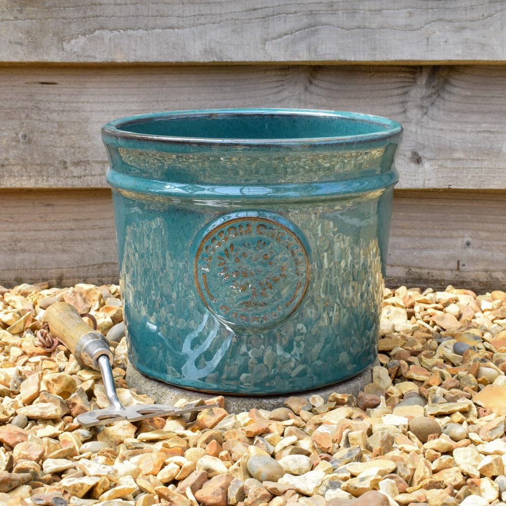 Bedwen 'Blossom Cylinder' Ceramic Plant Pot – 24cm Teal Glazed Outdoor Pot for Garden & Patio