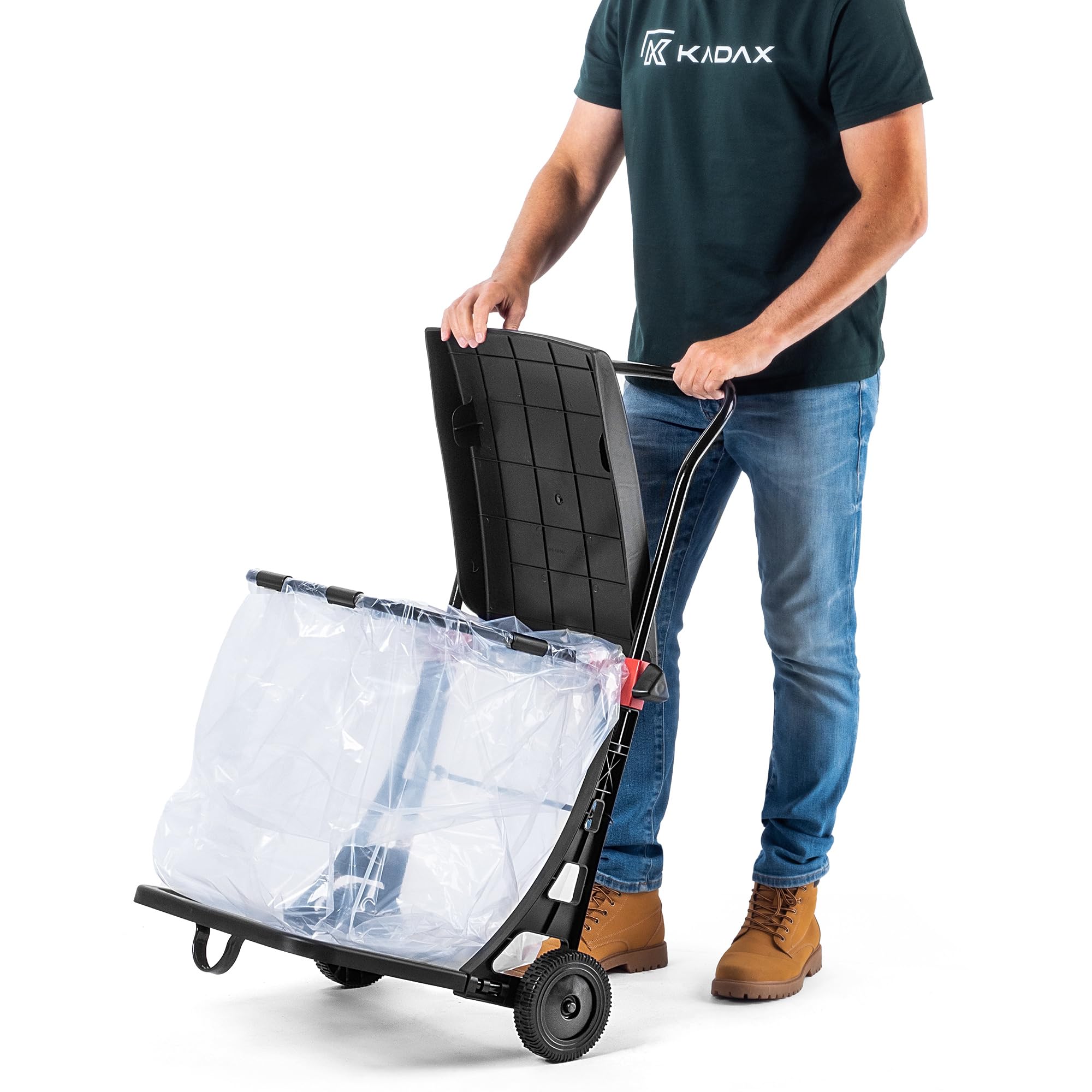 KADAX Carro de basura de 80 l, cubo con tapa y ruedas, soporte para bolsas móviles para jardín, acero y plástico