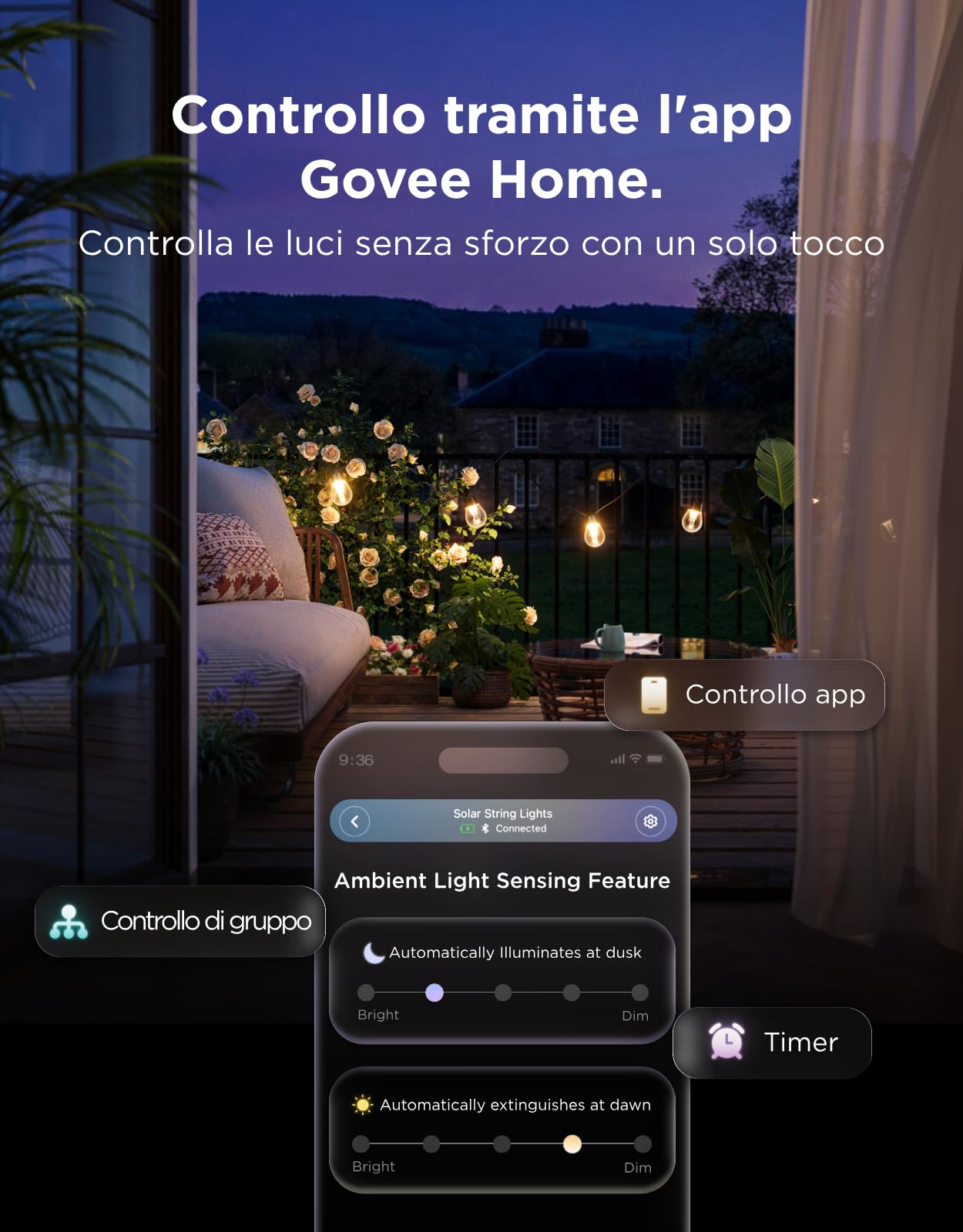 Govee Luci Solari da Esterno 10m, RGBICW con 16 Milioni di Colori, 4800mAh | 112 Modalità e Controllo App, Solo Bluetooth, 8 LED Dimmerabili Infrangibili, IP67 Impermeabile per Giardino, Gazebo, Balcone
