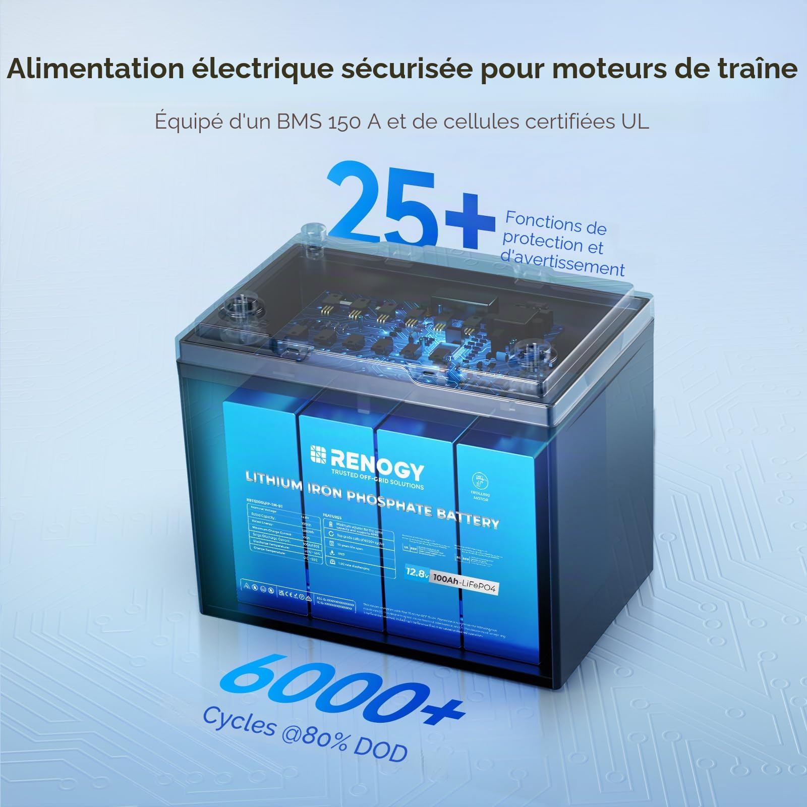 Renogy 12V 100Ah Batterie LiFePO4 au lithium pour moteurs de trolling avec Bluetooth, BMS 150A, 6000+ cycles, batteries à décharge profonde, batterie solaire 12V 100Ah pour moteur de trolling, cabines