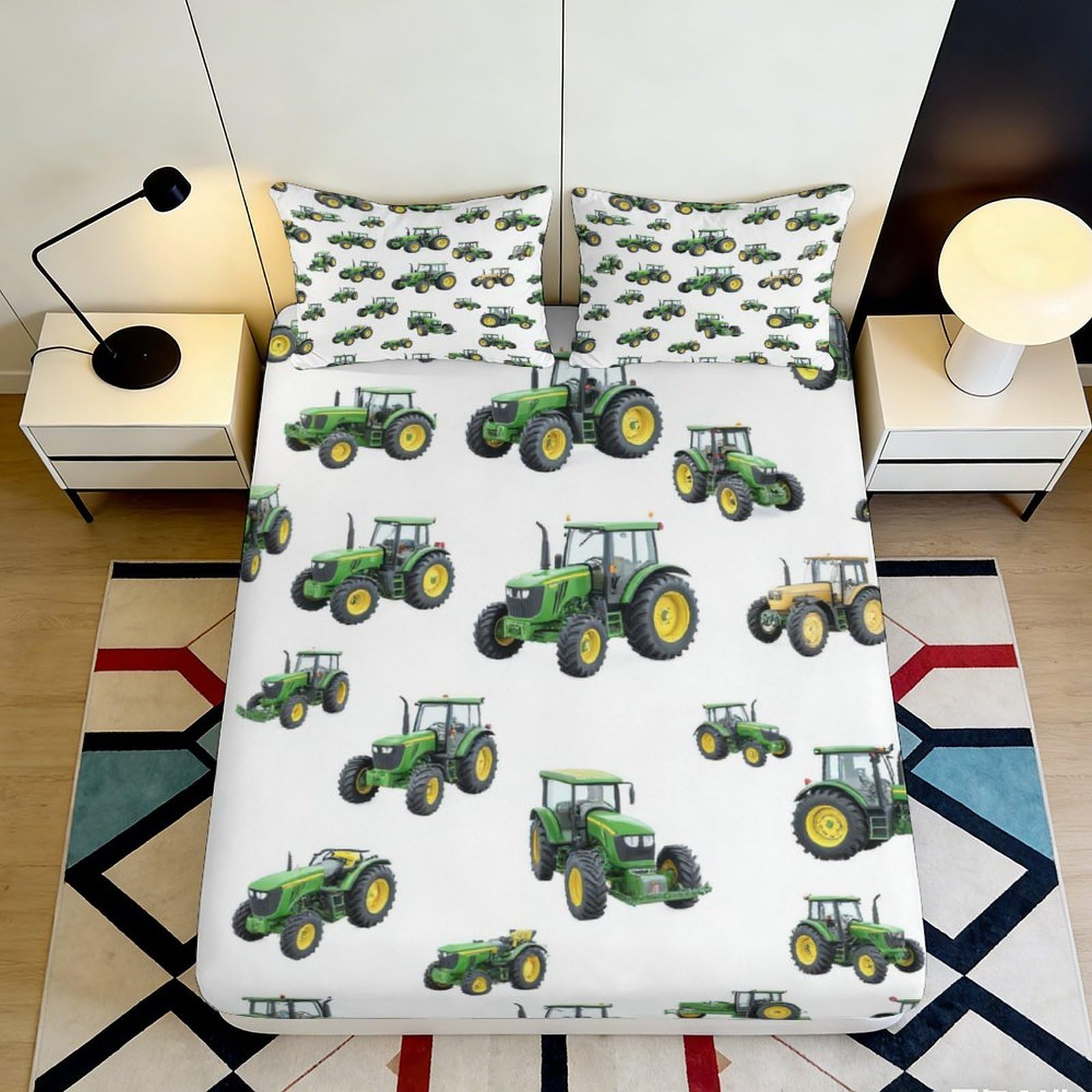 3D Printed Green Tractor Fitted Sheet Microfiber Soft Farm Machinery Bed Sheet for Bedroom Guest Room Decor 90x200x25cm