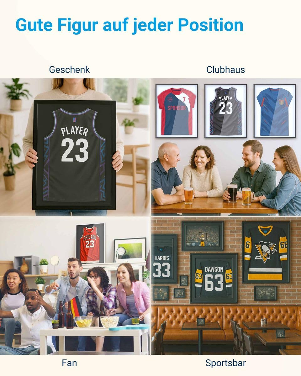PHOTOLINI Bilderrahmen Trikotrahmen Fußball 70x90, Schwarzer Bilderrahmen für Trikot, Rahmen Trikot 90x70 mit Acrylglas zum Aufhängen, Jersey Frame mit zweifarbiger Rückwand & starkem Magnetsystem