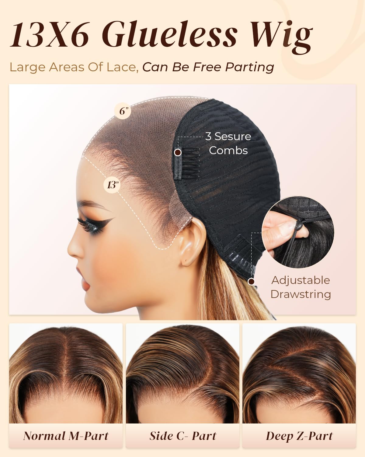 Arabella 13x6 lace Front Wigs Human Hair 210% Density Body Wave Wear And Go Glueless Wig 12A Ombre Highlight Honey Blonde Drawstring Wig Pre Plucked With Bleached Knots For Beginners 24inch
