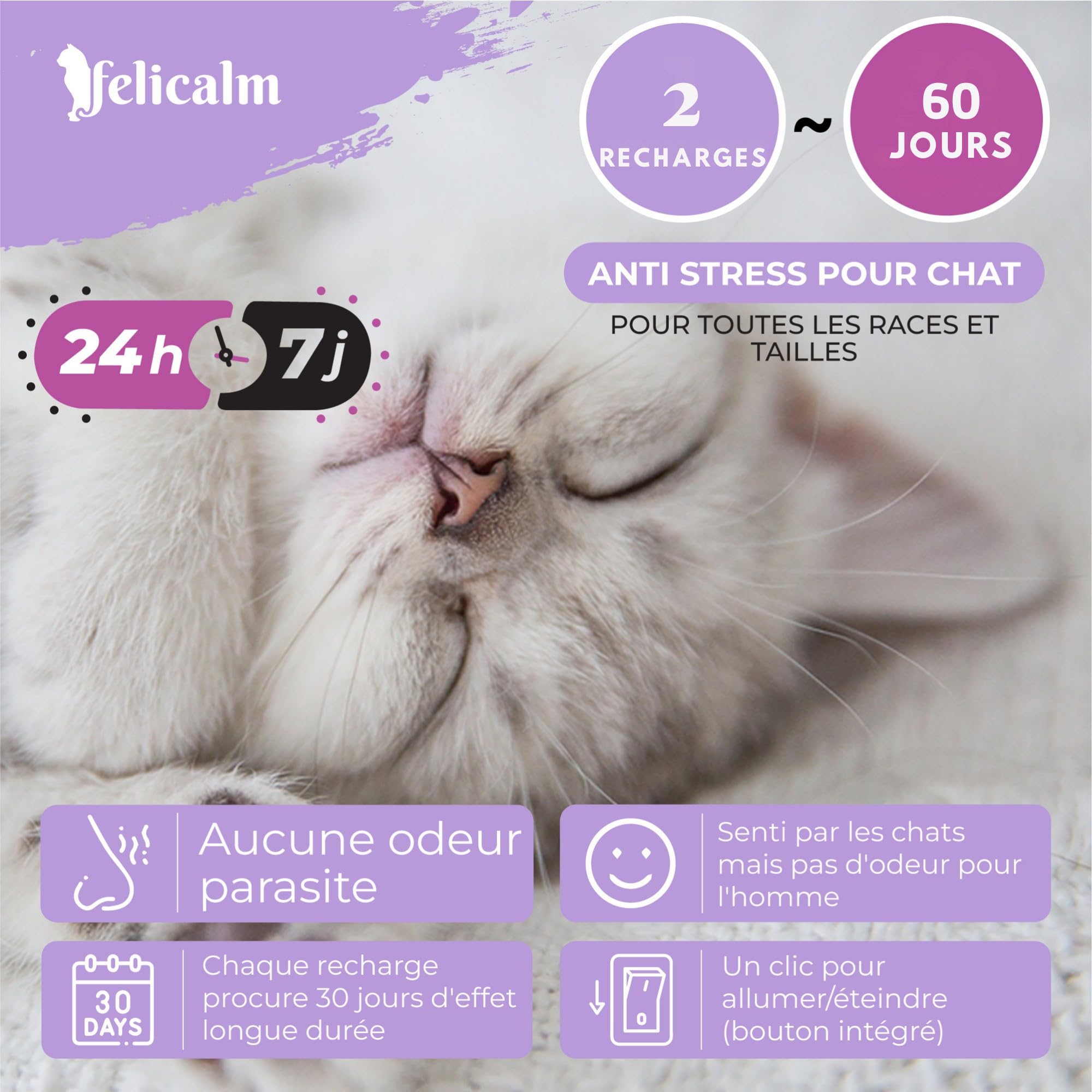 Diffuseur Chat Valériane + Phéromones sans Odeur- Double Action Apaisante, 2 Recharges 60 J de Calme