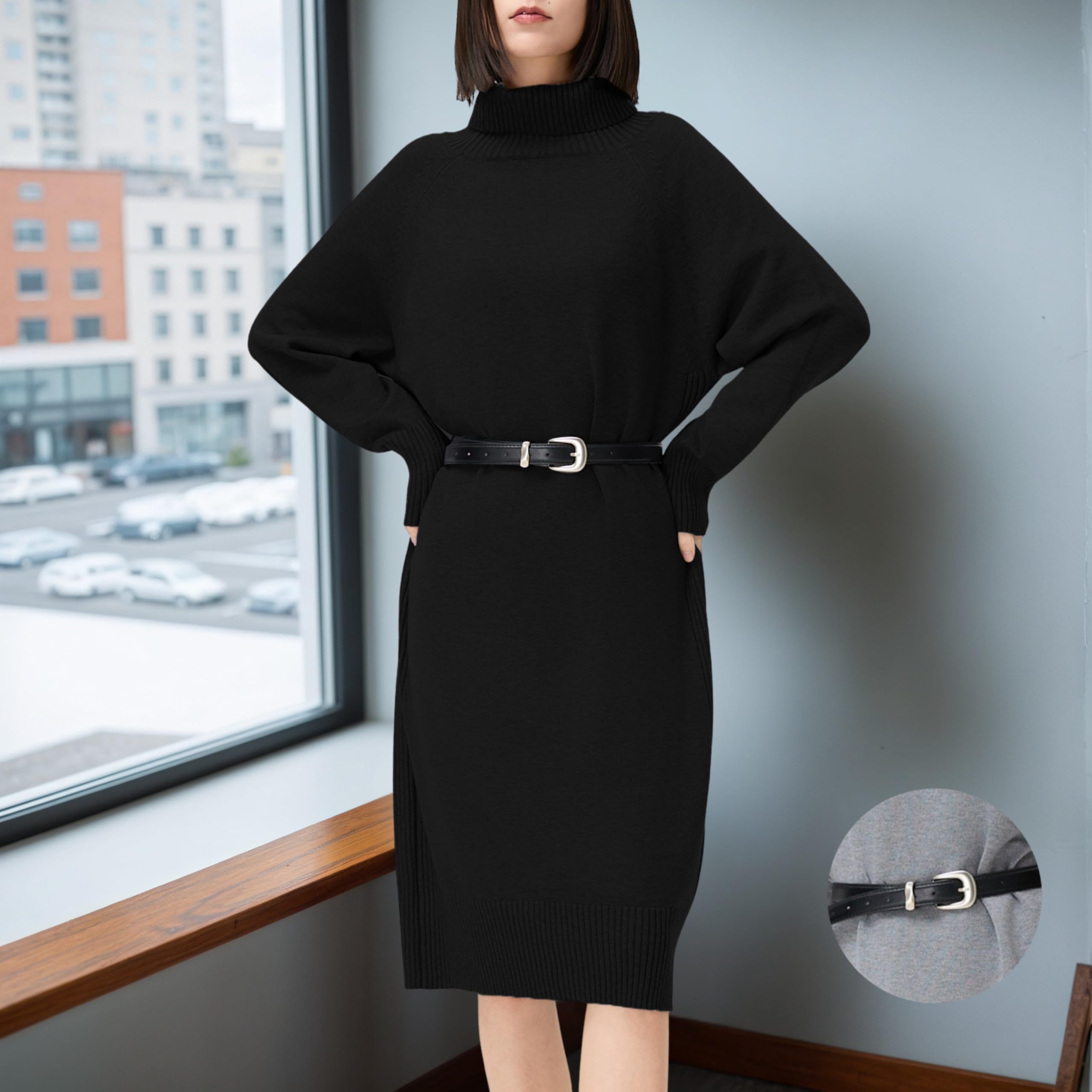 Robe pull pour femme col roulé d'hiver avec ceinture ou cordon | Robe en tricot douce à manches longues | Élégant décontracté | 5 couleurs | S/M - L/XL