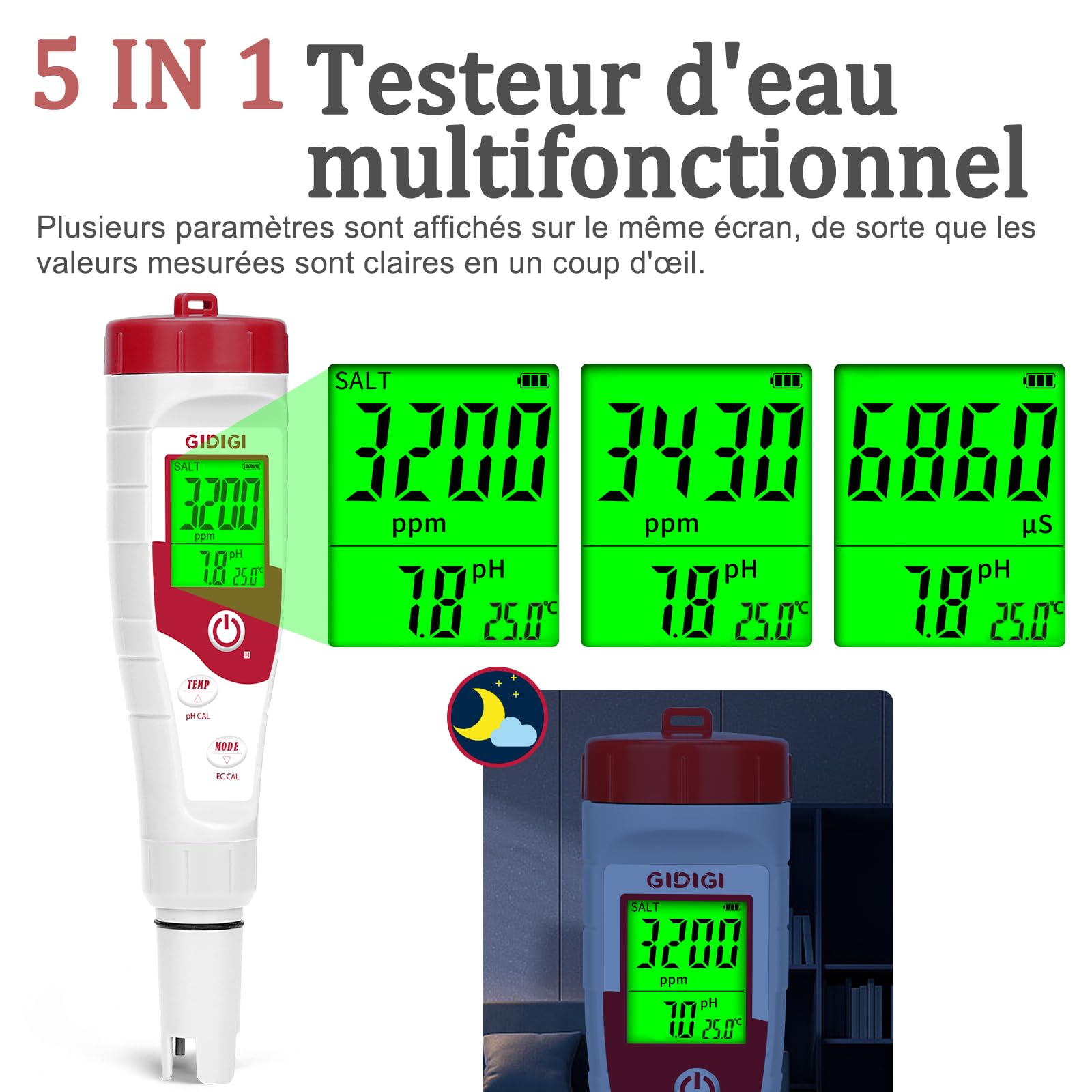 Mètre de pH pour piscine, testeur de sel, 5 en 1 mètre de salinité, affiche simultanément pH, TDS, EC, temp,sel, convient pour l'eau salée, bain à remous, spa, piscine, aquarium