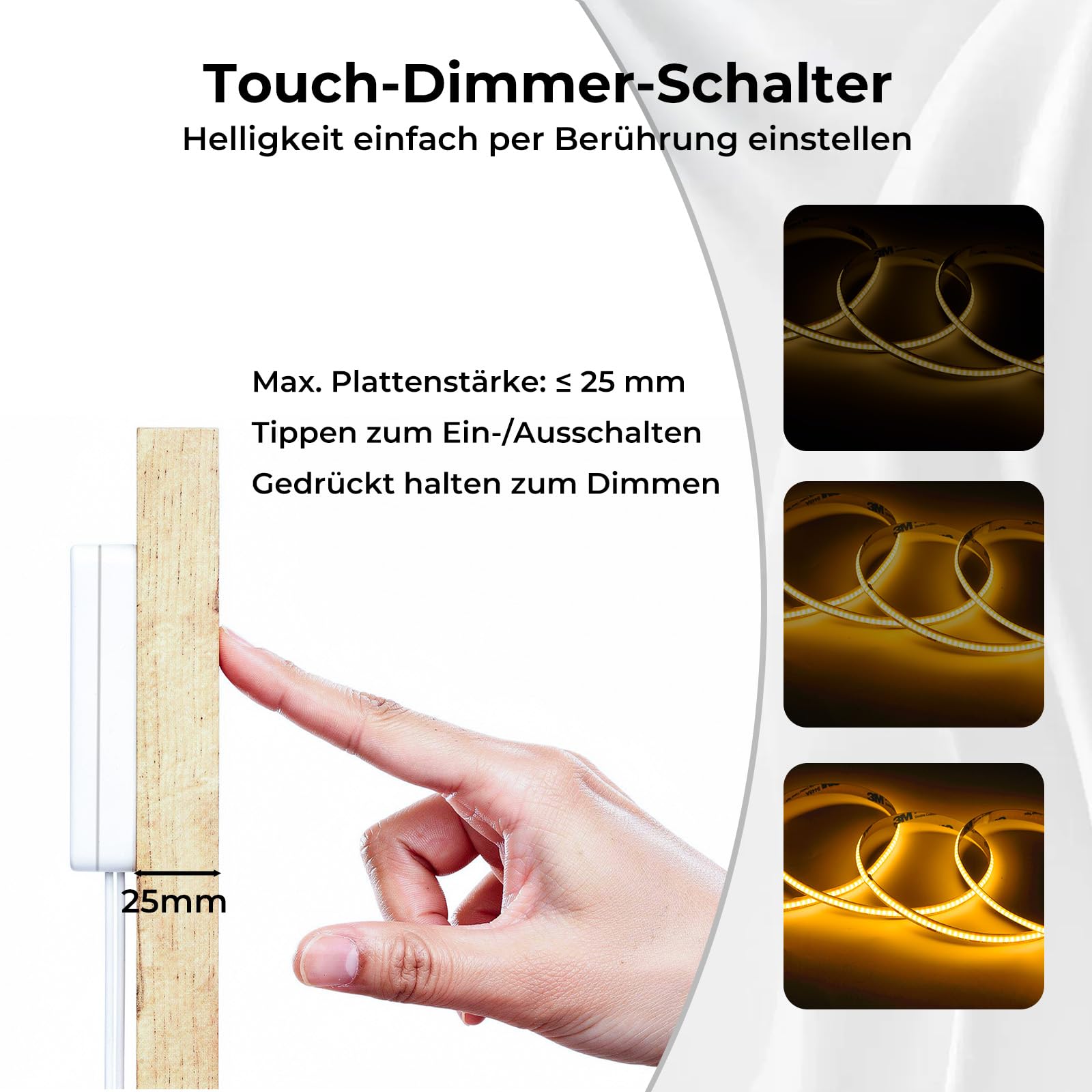 6 x 1M COB LED Strip Set Dimmbar mit Touch-Steuerung für Akustikpaneele, Vitrinen, Kleiderschränke, Küchen, Weinschränke, Regale und mehr, 3000K