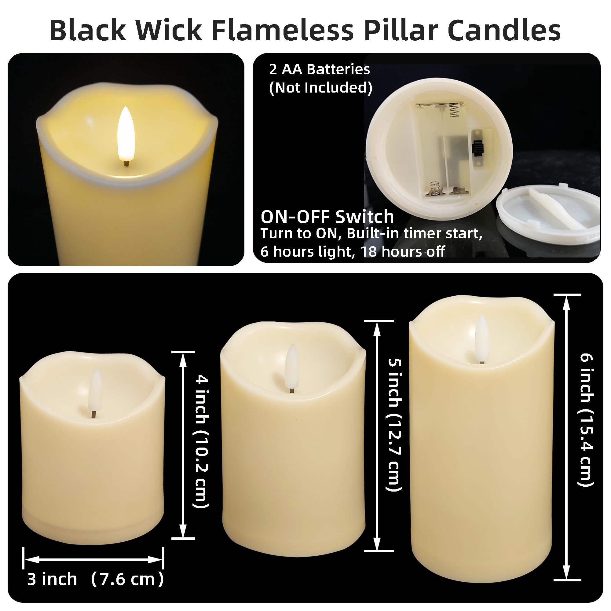 iZAN Confezione da 3 candele senza fiamma con timer integrato, funzionamento a batteria, LED 3D, stoppino nero, set per decorazione della casa, feste, matrimoni, giardino, Halloween, decorazioni