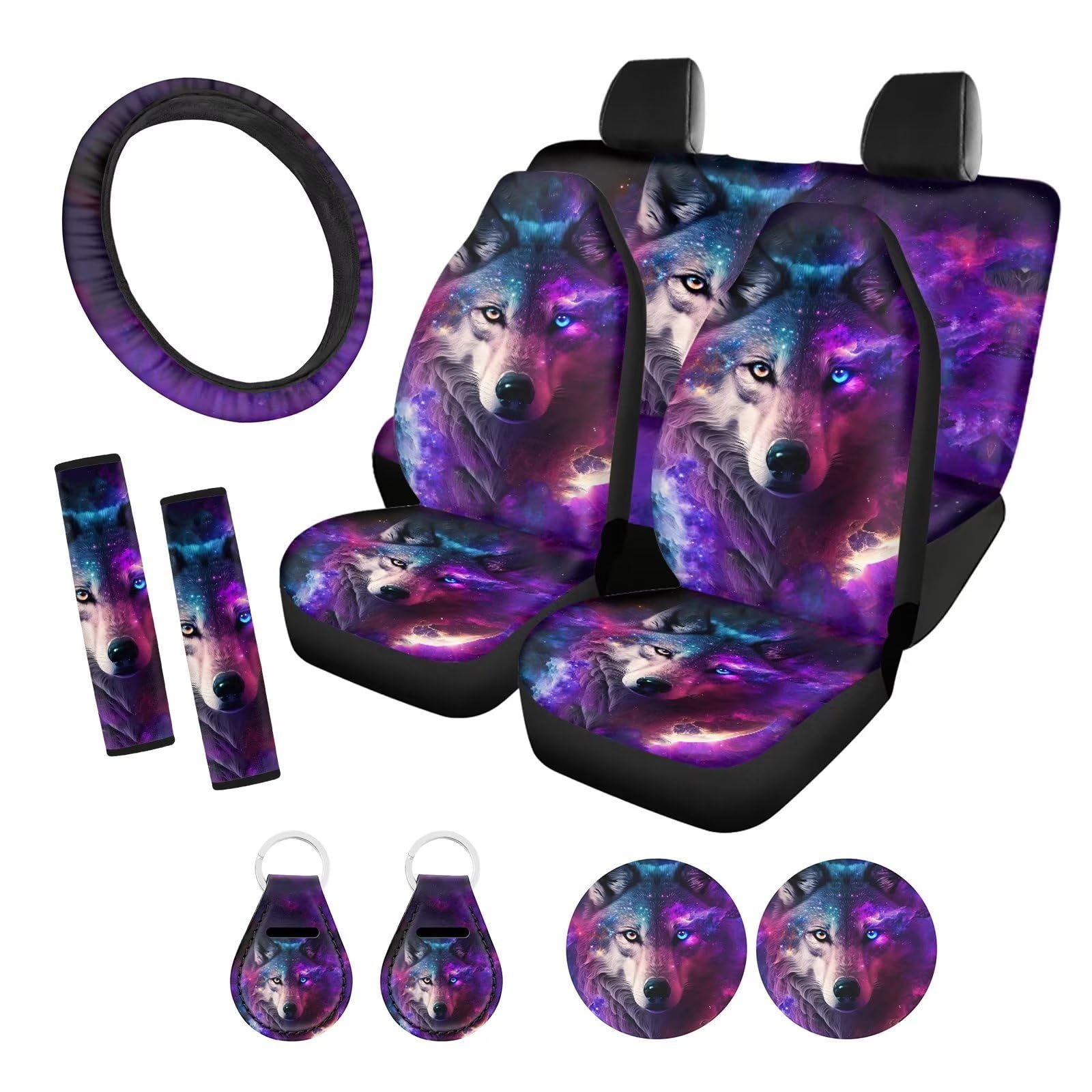 Xpyiqun Galaxy Wolf Car Seat Cover Full Set with Steering Wheel Cover Purple Car Accessories for Trucks SUV Van, Front and Back Seat Covers with Seat