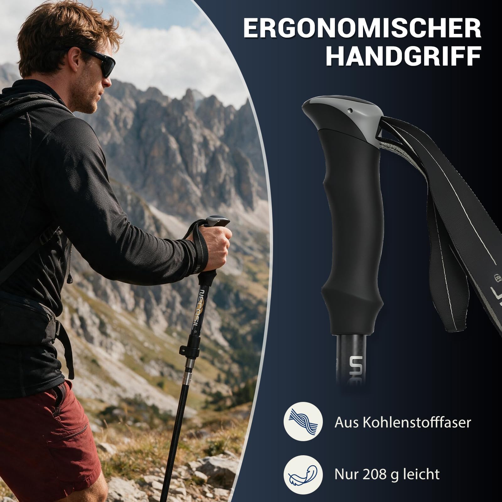 Bâtons de randonnée en carbone 3K de qualité supérieure - Ultralégers - 208 g - Bâtons de trekking réglables - 107-125 cm - Avec poignée en liège et extension EVA - Bâtons de marche nordique légers