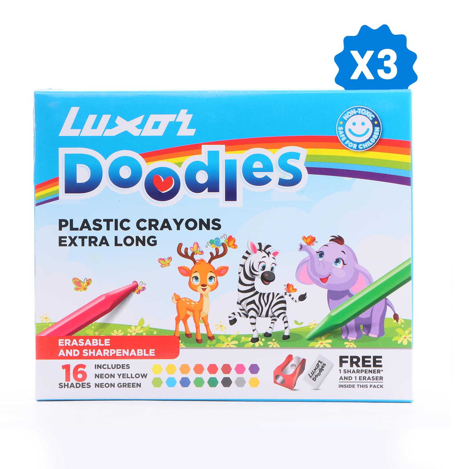 Luxor Doodles Extra Long Plastic Crayons| 16 Assorted Shades| 1 Free Eraser & 1 Sharpener | Perfect For Young Artists (B0C7KS7WLT) Amazon Price History, Amazon Price Tracker