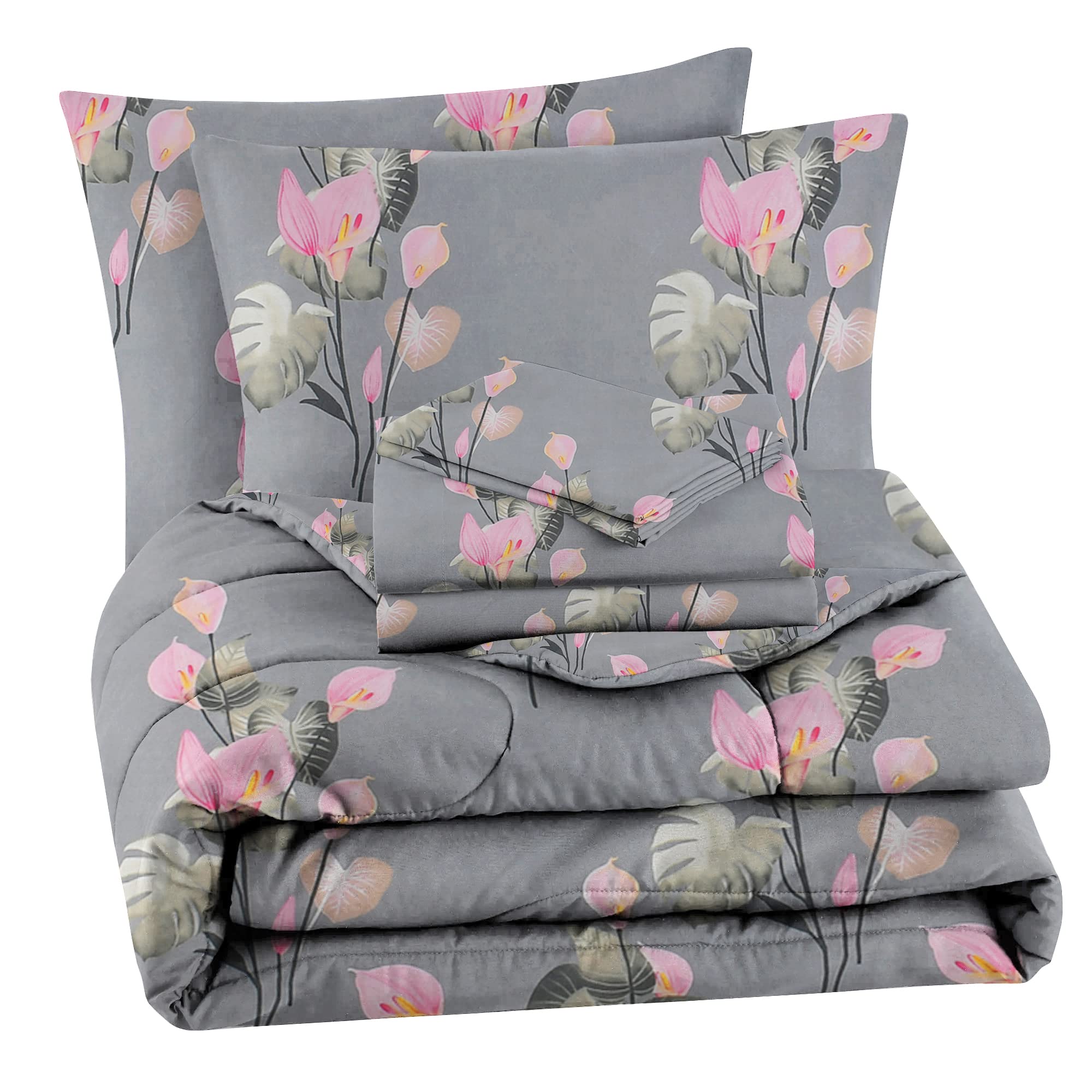 VAS COLLECTIONS Microfiber 220 GSM Glace Cotton Single AC Comforter Set (60x90 inch) with Single Bedsheet (220x152 cm) and 1 Pillow Covers | 3 Piece Bedding Set - Grey with Pink-picture-29