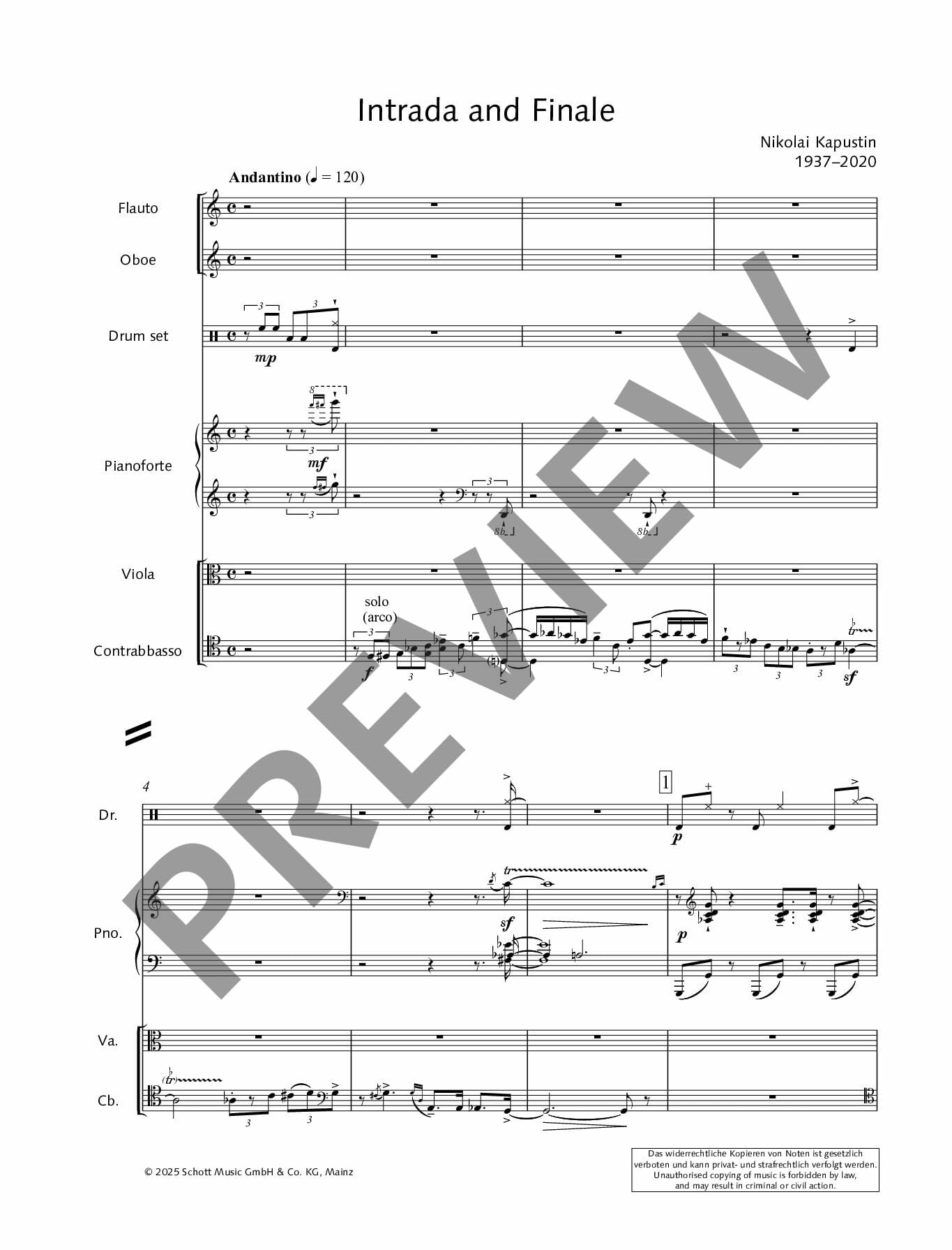 Intrada and Finale: für Sextett (Flöte, Oboe, Klavier, Viola, Kontrabass und Drums). op. 79. Flöte, Oboe, Klavier, Viola, Kontrabass, Drums. Partitur und Stimmen. (Edition Schott)